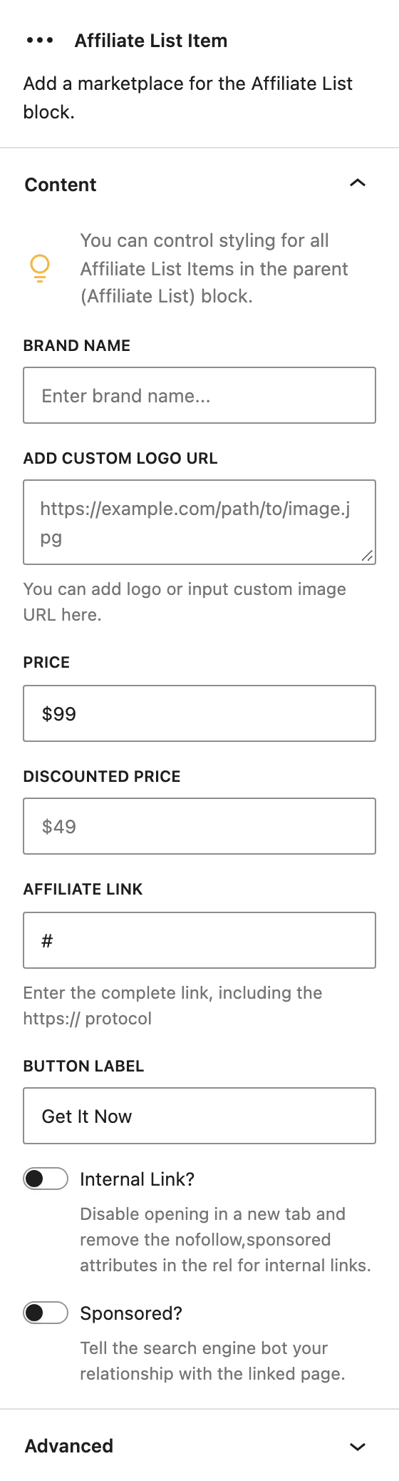 The block settings sidebar for Affiliate List Item, showing Brand Name, Add Custom Logo URL, Price, Discounted Price, Affiliate Link, Button Label and the Internal Link? and Sponsored? switches