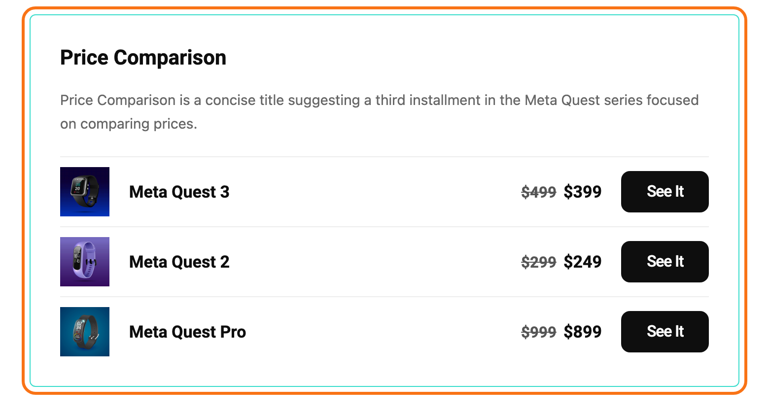 An Affiliate List - Ruby block in a post, outlined in orange: the Price Comparison heading and description, then three product rows, each with an image, the old price struck through, the new price and a See It button