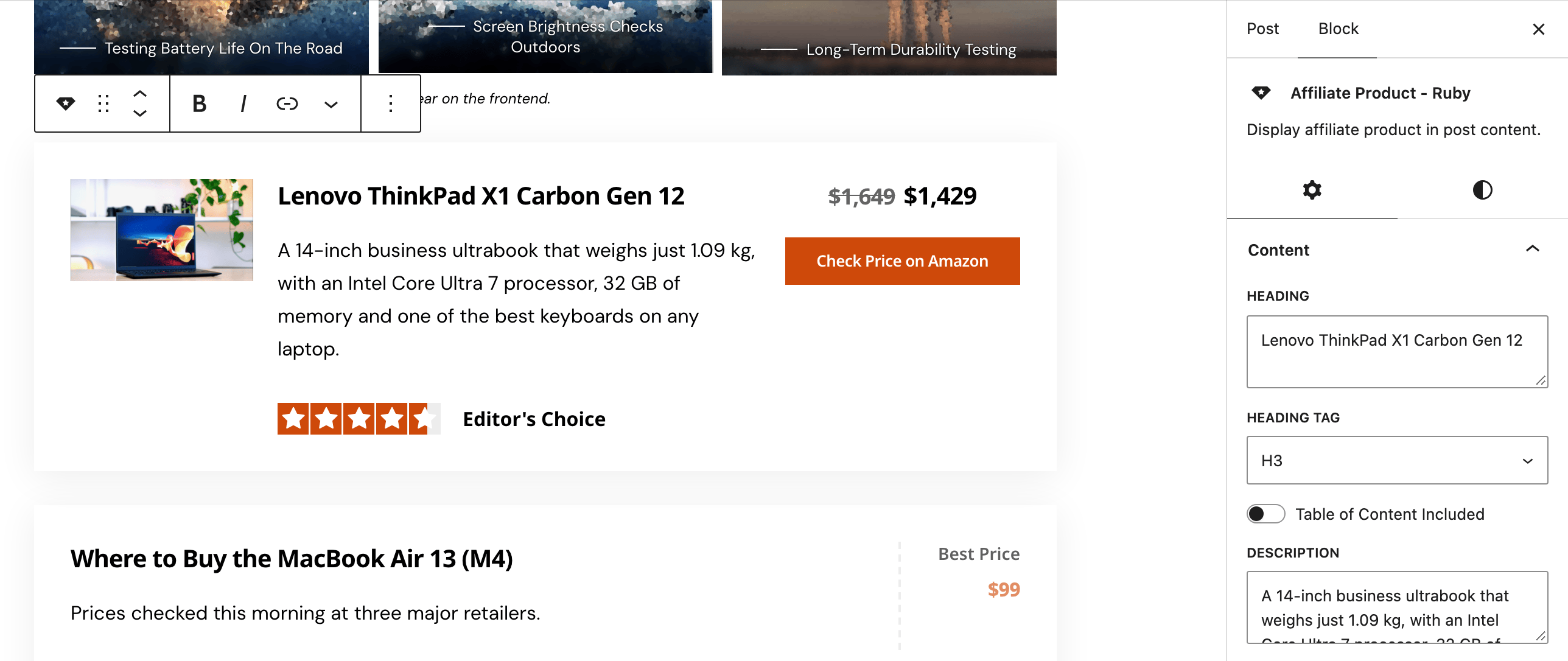 The post editor with an Affiliate Product - Ruby block selected, the Lenovo ThinkPad X1 Carbon Gen 12 box in the canvas, and the Block tab open on Content: Heading, Heading Tag H3, Table of Content Included, Description and the start of Product Image
