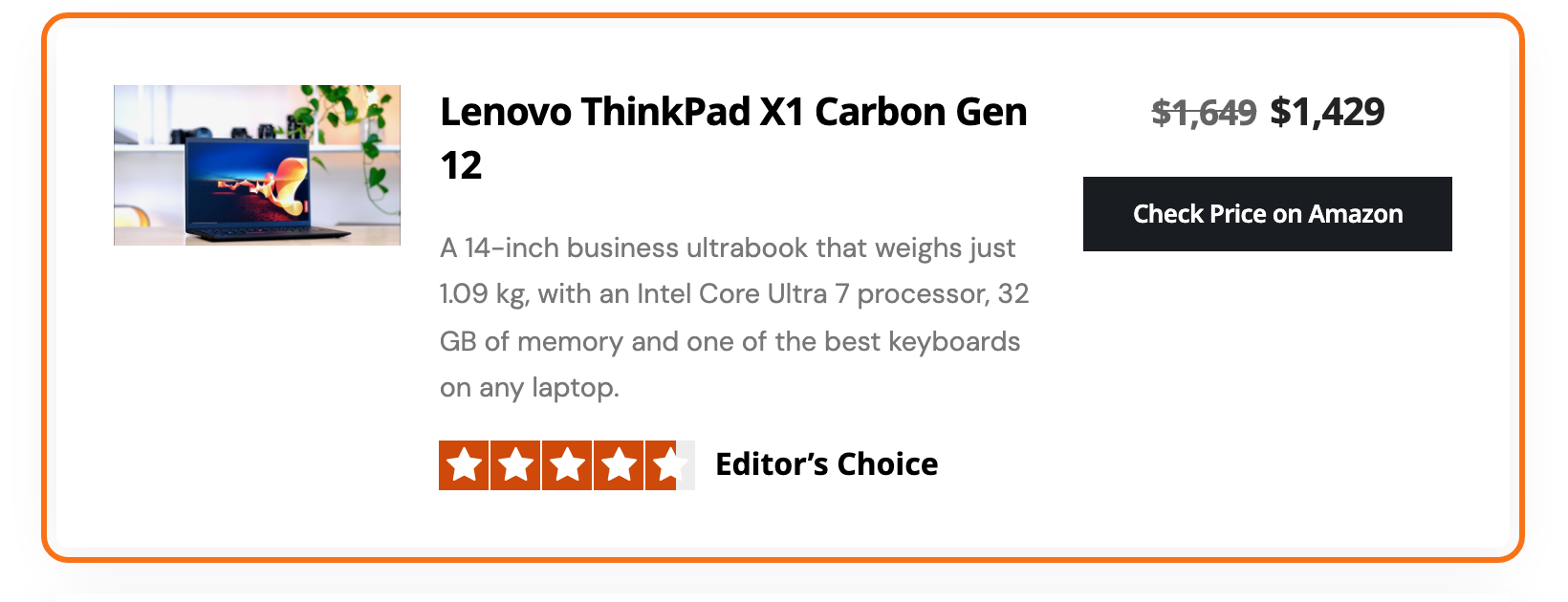 An Affiliate Product - Ruby block in a post, outlined in orange: the ThinkPad X1 Carbon Gen 12 photo, a description, a star rating, an Editor's Choice label, $1,649 struck through beside $1,429 and a Check Price on Amazon button