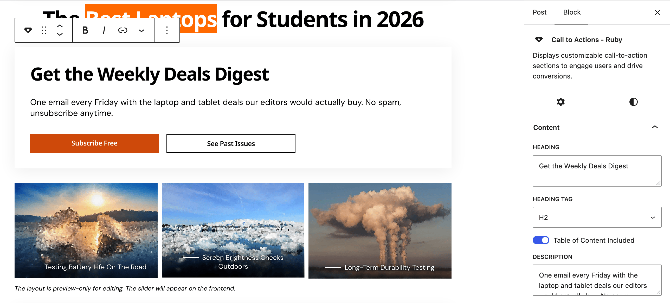 The post editor with a Call to Actions - Ruby block selected, a Get the Weekly Deals Digest box with two buttons in the canvas, and the Block tab open on Content: Heading, Heading Tag H2, Table of Content Included and Description