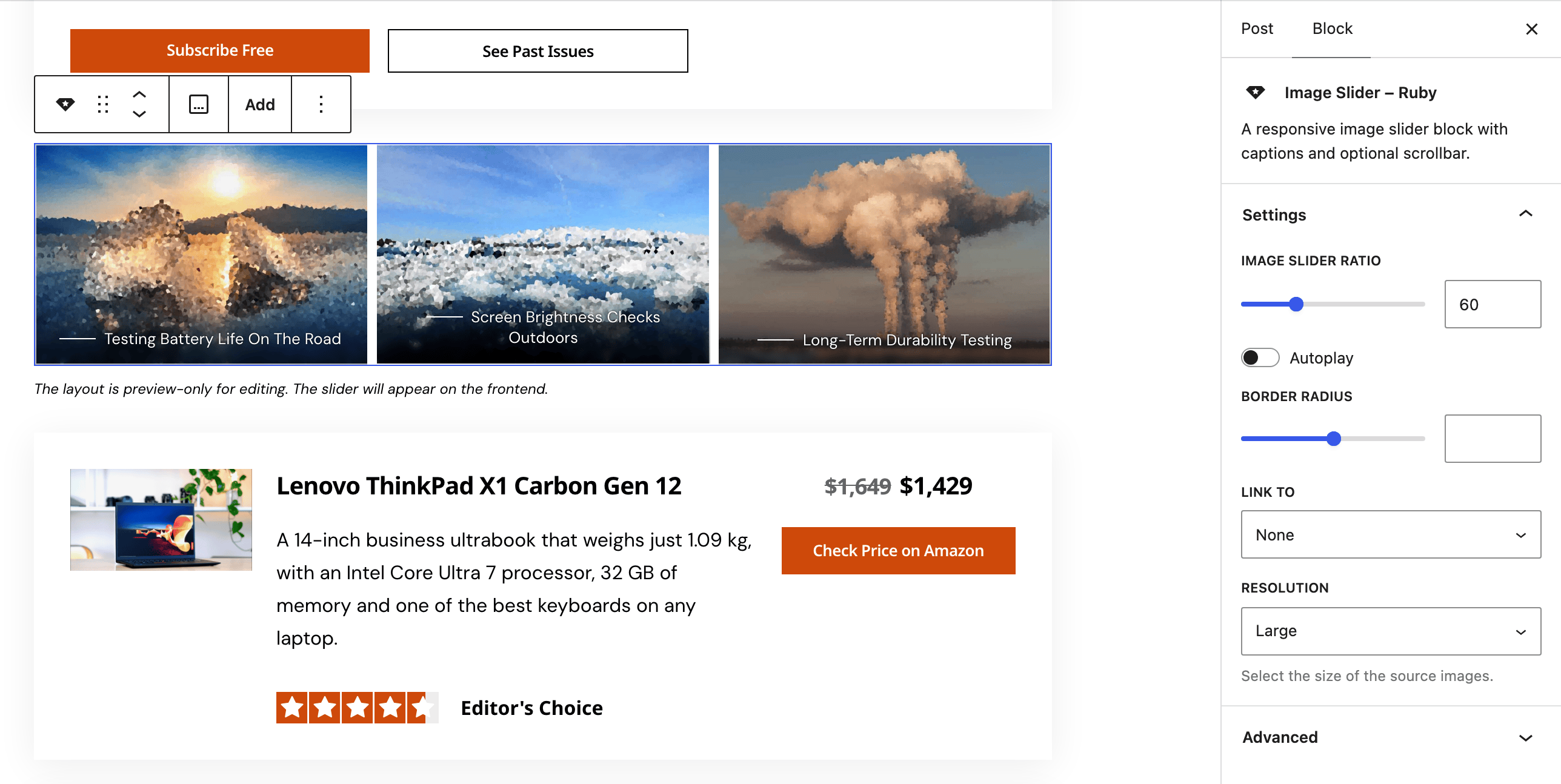 The post editor with an Image Slider – Ruby block selected, three photos side by side in the editor preview, and the Block tab open on Settings