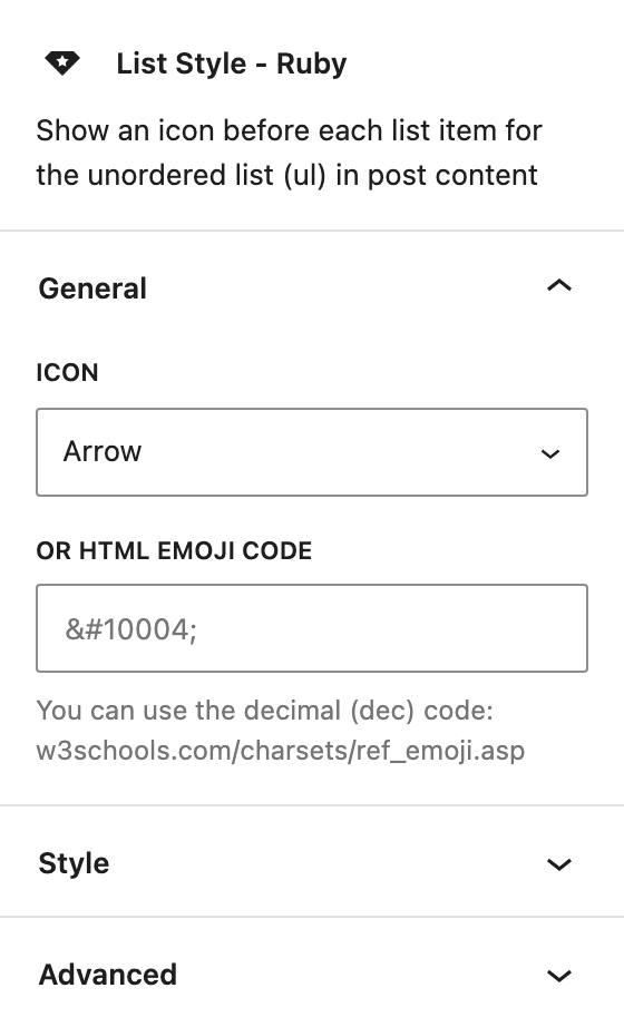 The block settings sidebar for List Style - Ruby with the General panel open, showing the Icon list and the or HTML Emoji Code box