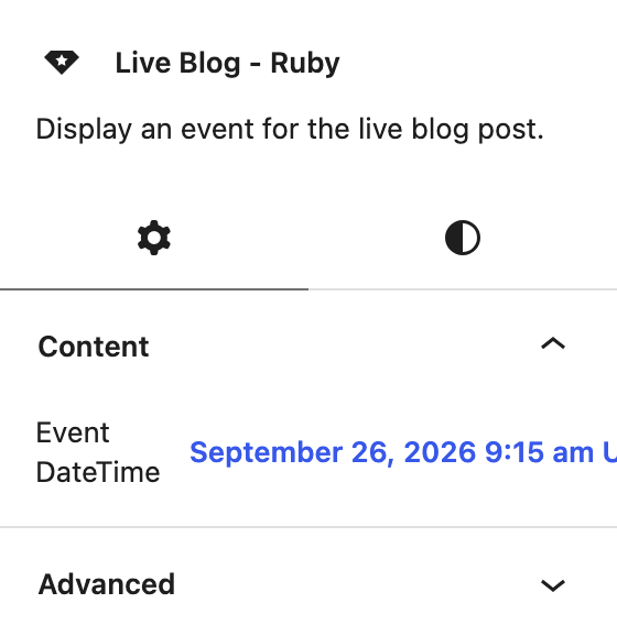 The block settings sidebar for Live Blog - Ruby, with the Content panel open and its single Event DateTime control