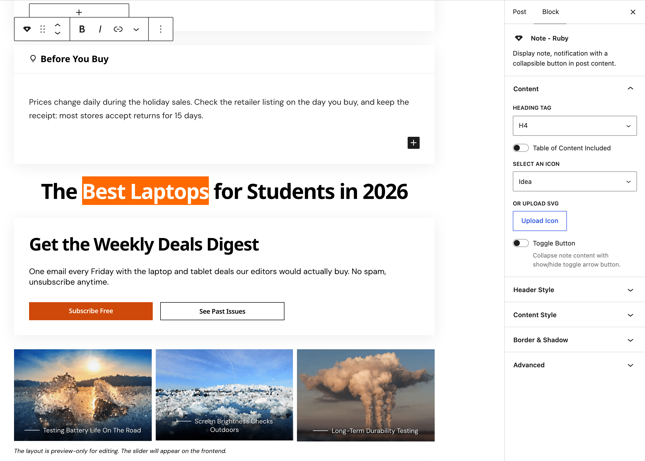 The post editor with a Note - Ruby block selected, a Before You Buy note in the canvas, and the Block tab open on Content: Heading Tag H4, Table of Content Included, Select an Icon set to Idea, or Upload SVG and Toggle Button