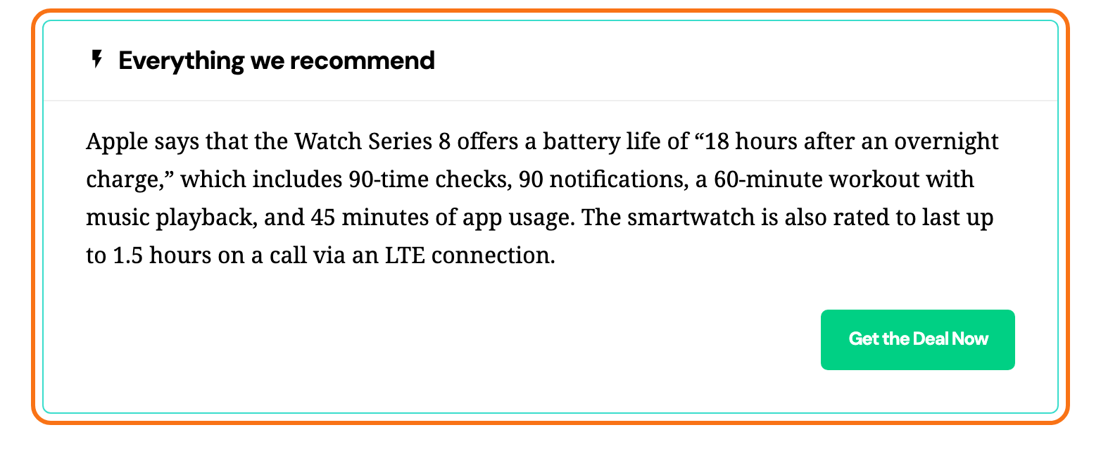 A Note - Ruby box in a post, outlined in orange: a flash icon and the heading Everything we recommend, a paragraph below a thin line, and a Get the Deal Now button