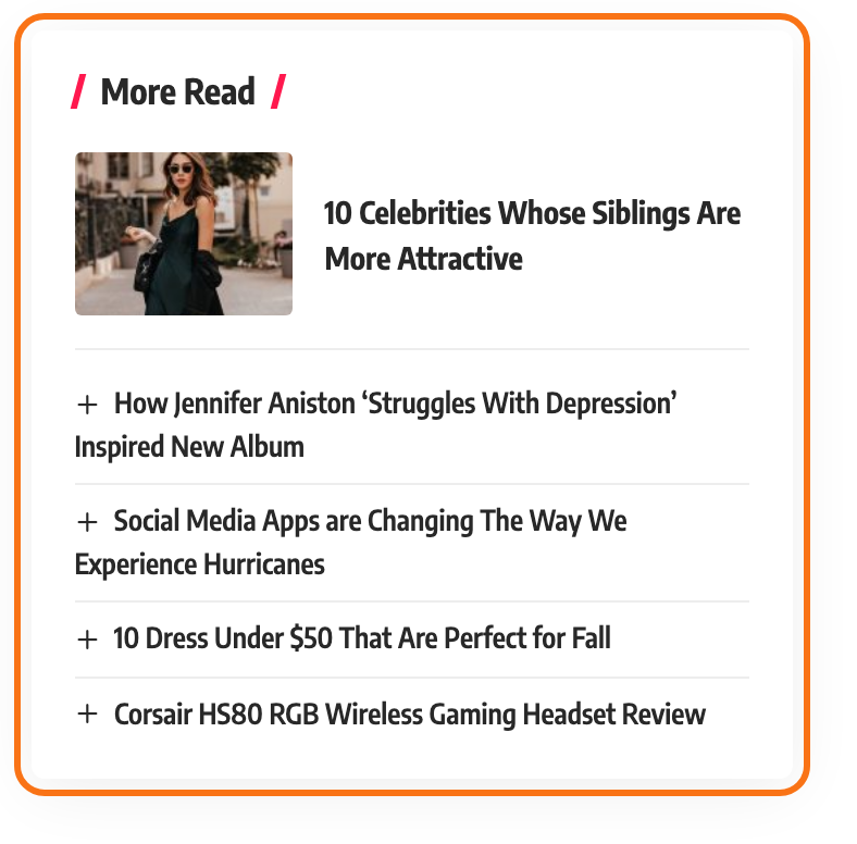A Related Posts - Ruby box in a post, outlined in orange: the More Read heading, one post with a thumbnail and four more titles below