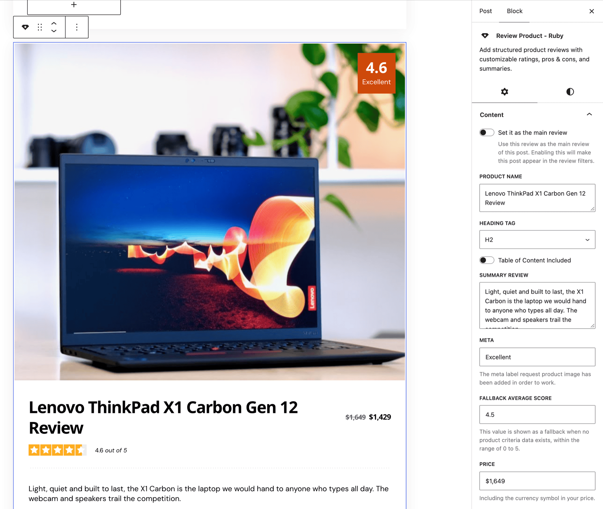 The post editor with a Review Product - Ruby block selected, the top of the ThinkPad review box with its 4.6 Excellent badge in the canvas, and the Block tab open on Content