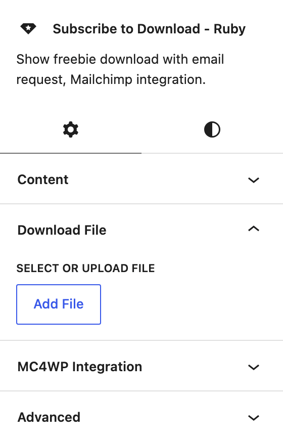 The block settings sidebar for Subscribe to Download - Ruby with the Download File panel open and its Select or Upload File control