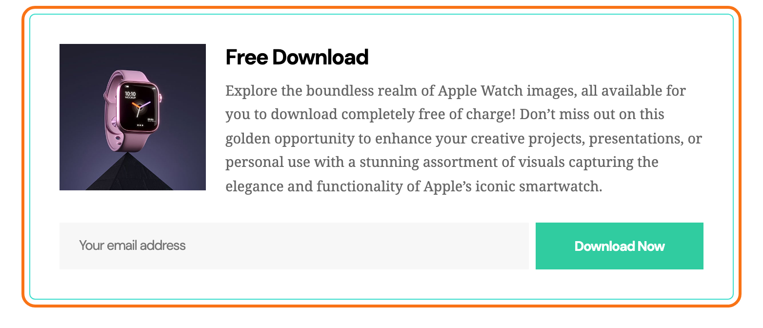 A Subscribe to Download - Ruby block in a post, outlined in orange: an image, the Free Download heading, a line of description, an email field and a Download Now button