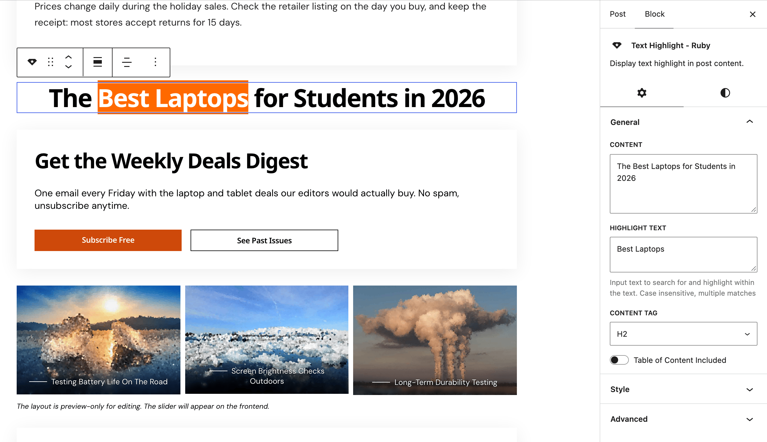 The post editor with a Text Highlight - Ruby block selected, The Best Laptops for Students in 2026 with Best Laptops highlighted in orange, and the Block tab open on General: Content, Highlight Text, Content Tag and Table of Content Included