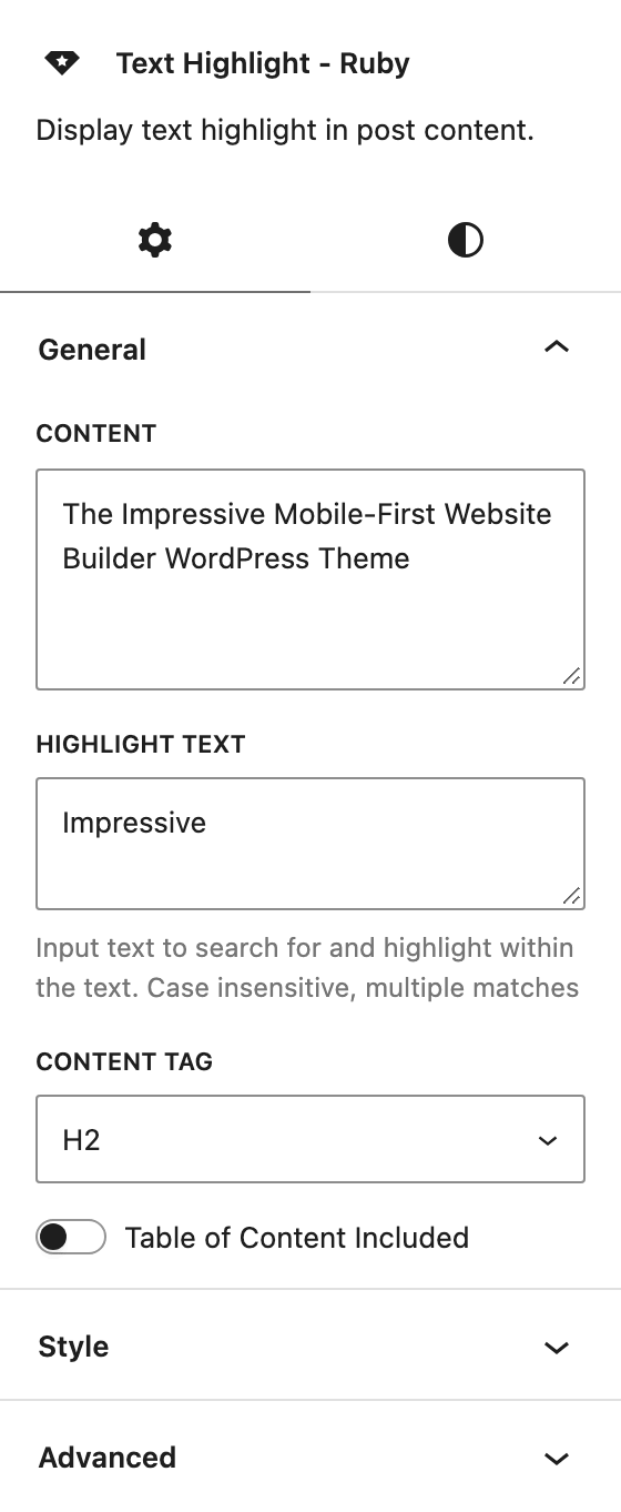 The block settings sidebar for Text Highlight - Ruby, showing Content, Highlight Text, Content Tag and Table of Content Included