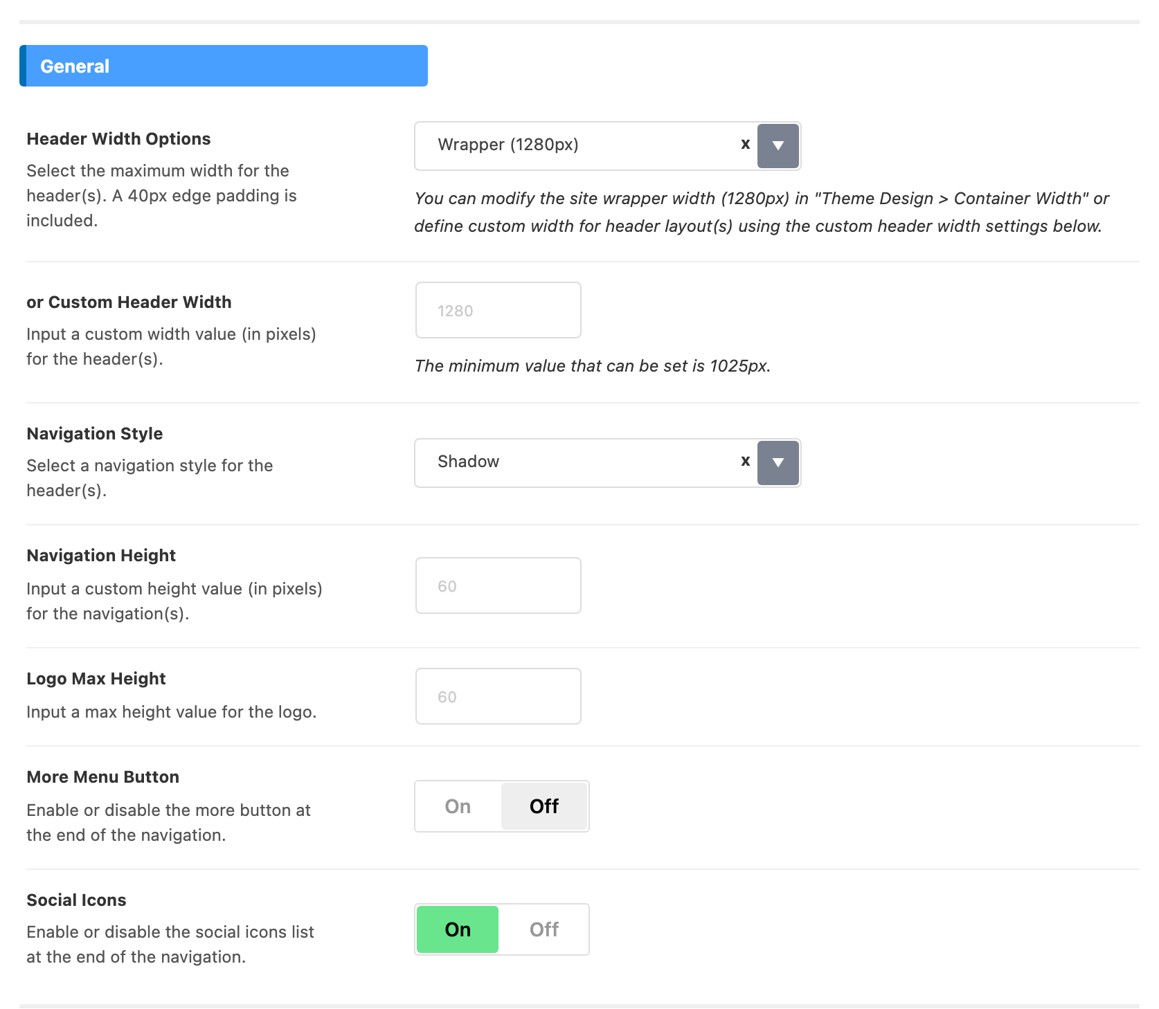The General group of Theme Options > Header > for Header 1,2,3 at its defaults, from Header Width Options down to the More Menu Button and Social Icons switches.