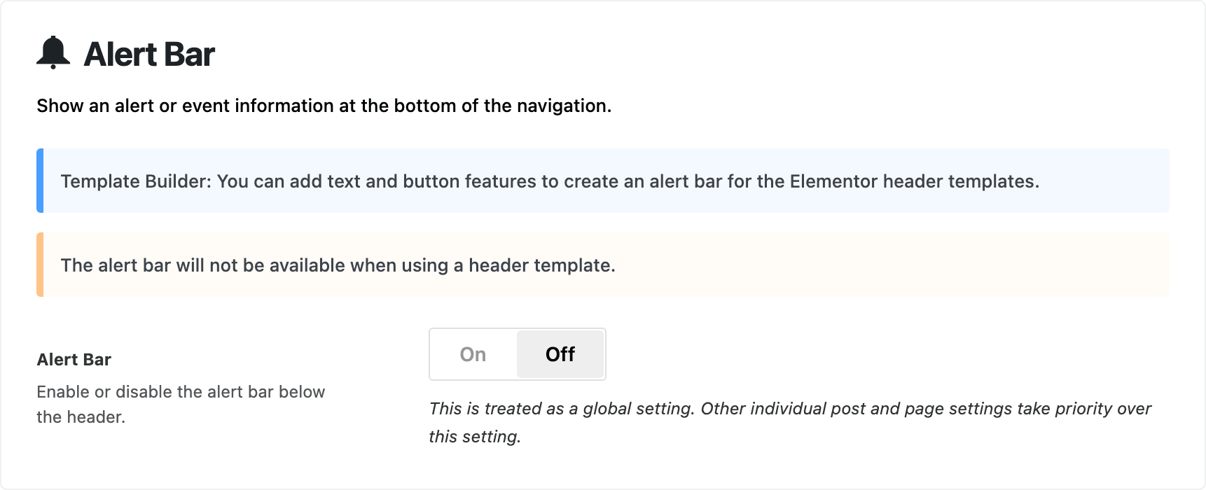 Theme Options > Header > Alert Bar with the Alert Bar switch off and none of its other settings showing