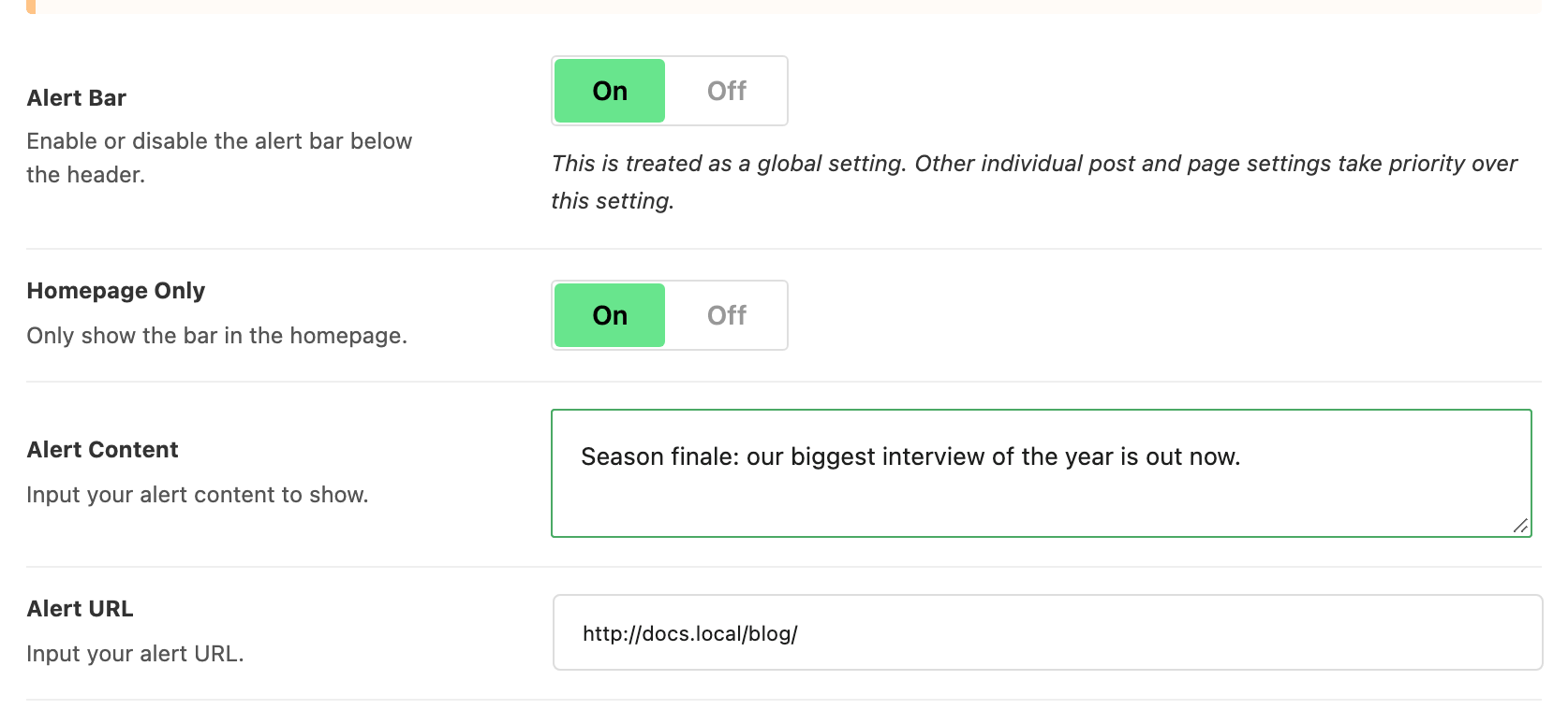 The Alert Bar subsection of the Header panel, with the bar switched on