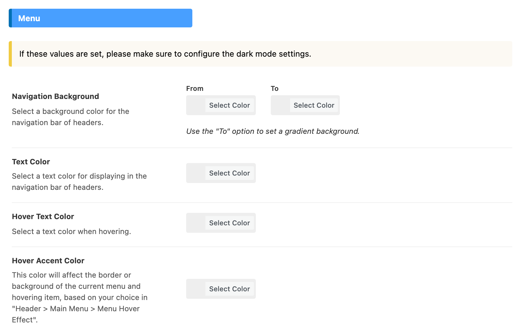 Theme Options > Header > for Header 1,2,3, Menu group: the dark mode note, then Navigation Background From and To, Text Color, Hover Text Color and Hover Accent Color, all unset
