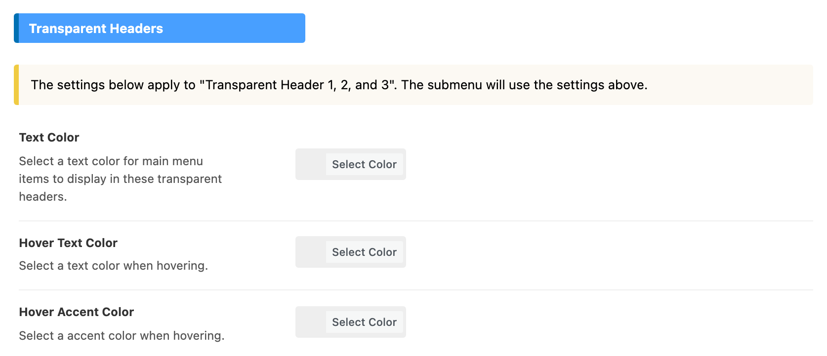 Theme Options > Header > for Header 1,2,3, Transparent Headers group: the Transparent Header 1, 2 and 3 note, then Text Color, Hover Text Color and Hover Accent Color, all unset