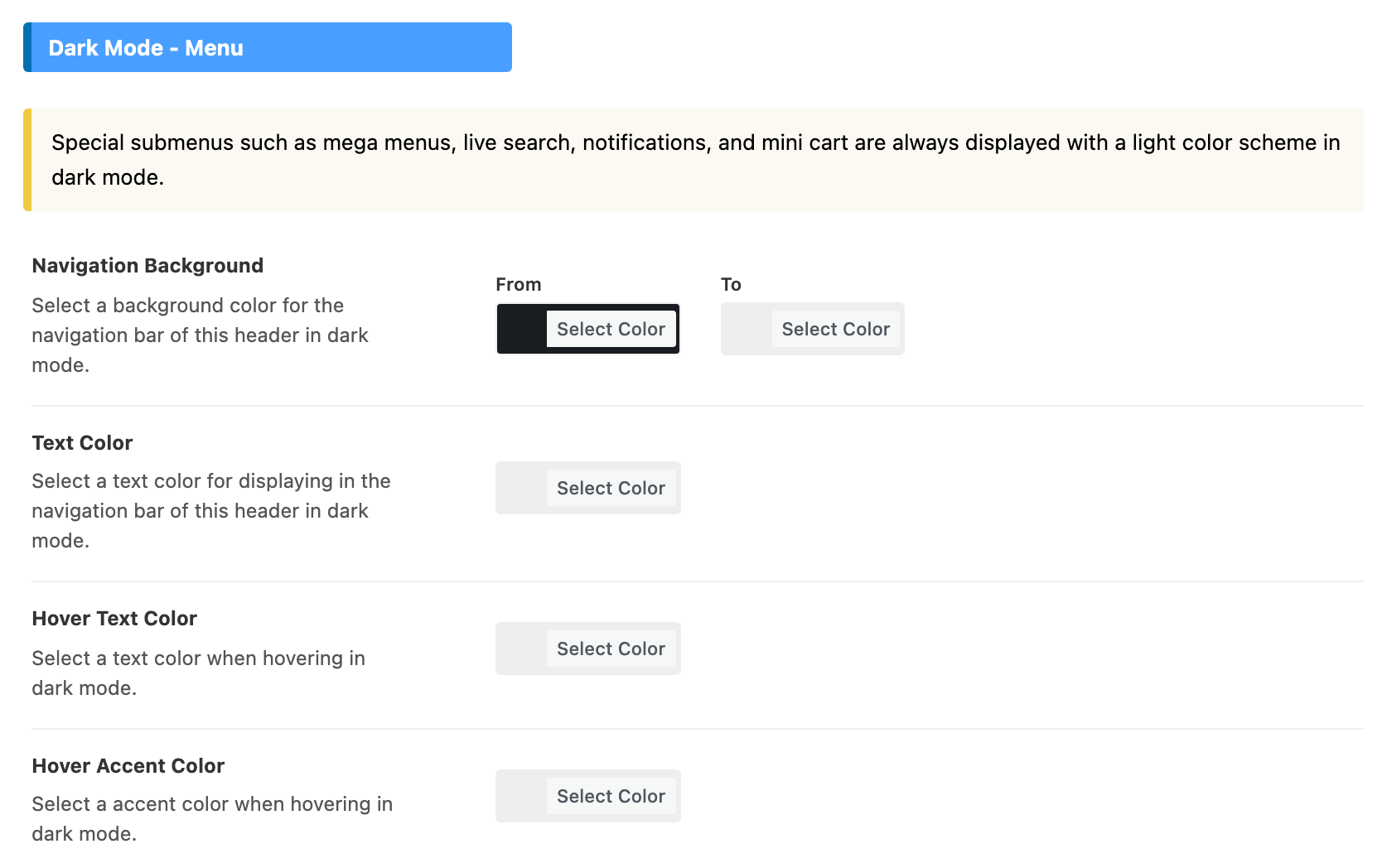 Theme Options > Header > for Header 5, Dark Mode - Menu group: the special submenus note, Navigation Background From set to a near-black #191c20 and To unset, then Text Color, Hover Text Color and Hover Accent Color unset