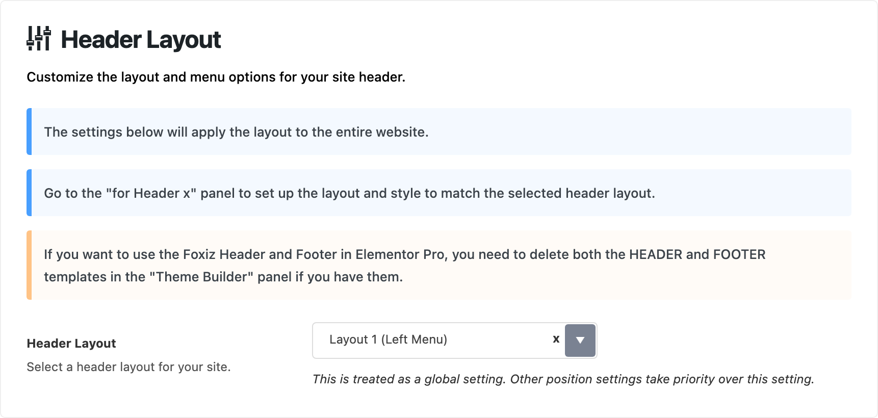 Theme Options > Header > Header Layout: three notes (entire website, the for Header x panels, Elementor Pro templates), then Header Layout set to Layout 1 (Left Menu)