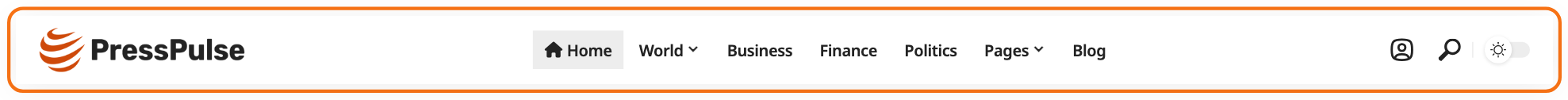 Header Layout 3 (Center Menu) on the front end, outlined: the main menu centred on the bar between the logo on the left and the icons on the right