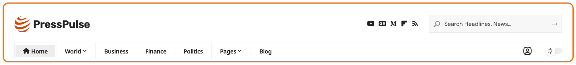 Header Layout 4 (Border) on the front end, outlined: the logo on its own row with the social icons and the search form on the right, the menu bar below it