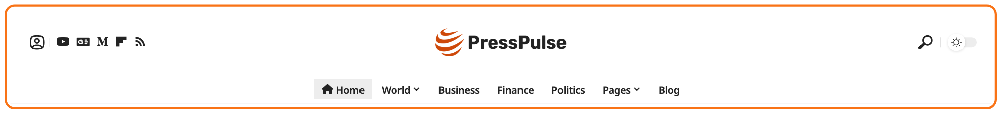 Header Layout 5 (Center Logo) on the front end, outlined: the logo centred on the top row between the social icons and the search, the menu centred on the row below