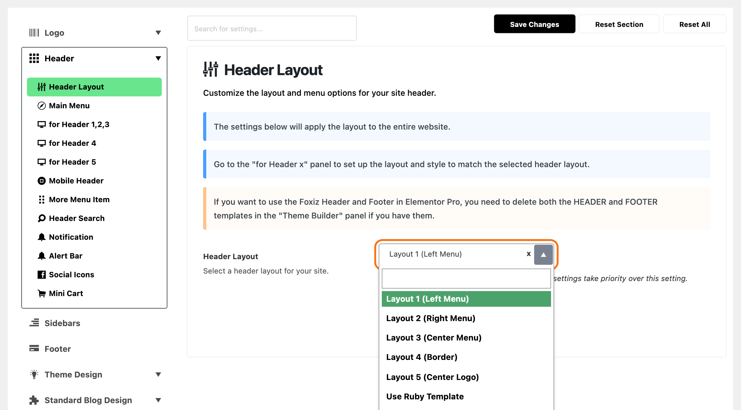 Theme Options with Header > Header Layout highlighted in the section list, beside the Header Layout dropdown open, outlined in orange: the five layouts and Use Ruby Template.