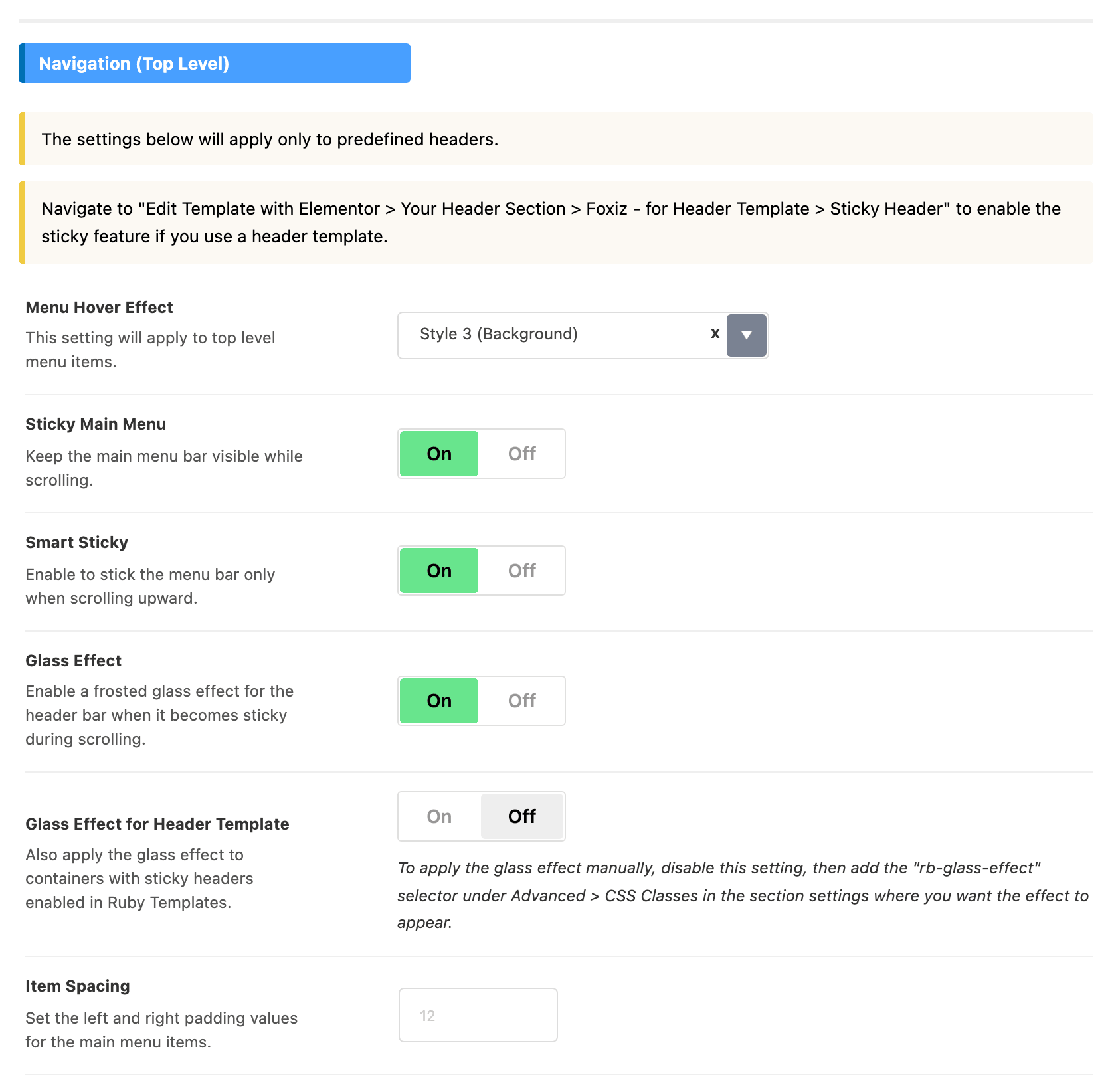 The Navigation (Top Level) group of Theme Options > Header > Main Menu, from Menu Hover Effect and Sticky Main Menu down to Item Spacing