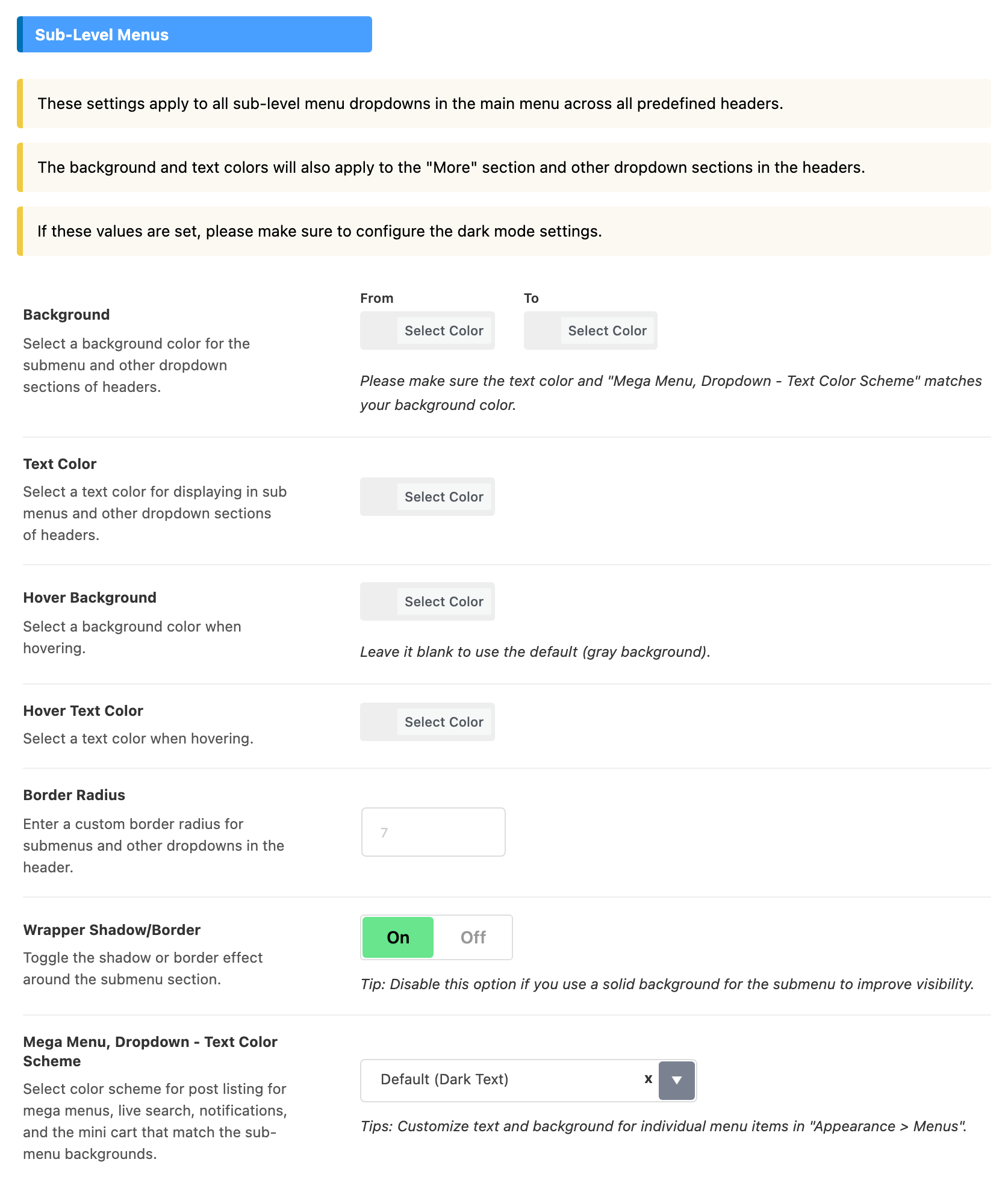 Theme Options > Header > Main Menu, Sub-Level Menus group: three notes, Background From and To, Text Color, Hover Background and Hover Text Color all unset, Border Radius blank, Wrapper Shadow/Border on, and Mega Menu, Dropdown - Text Color Scheme on Default (Dark Text)