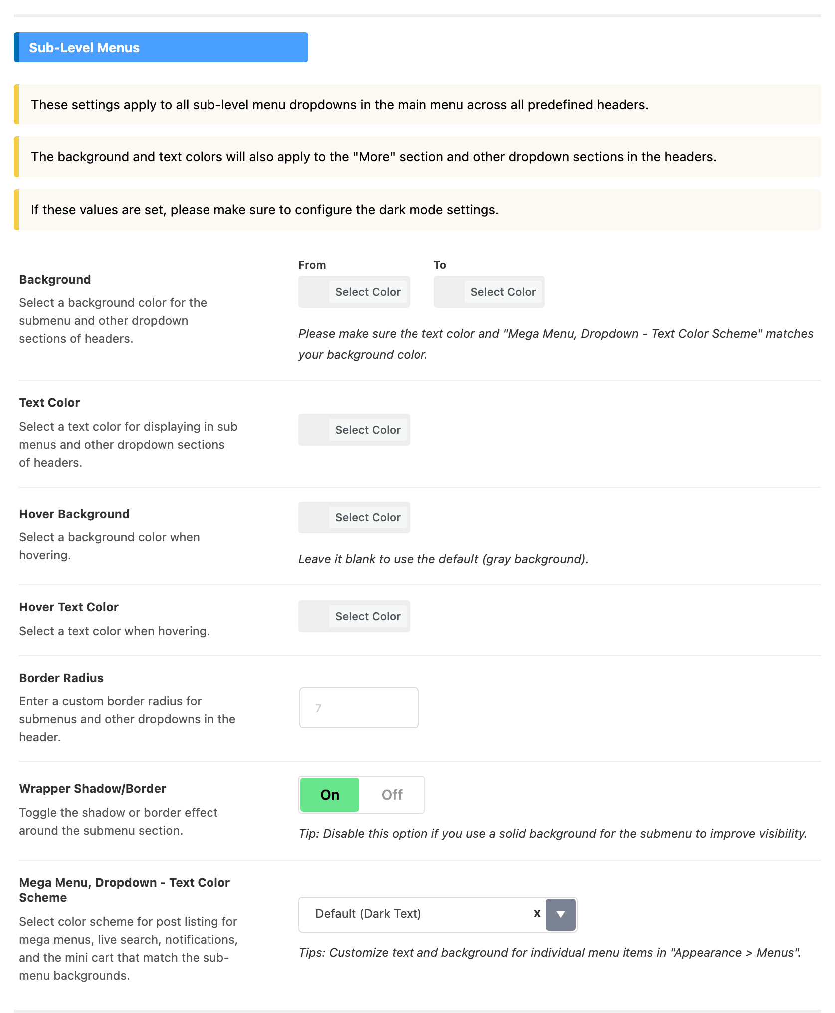 The Sub-Level Menus group of Theme Options > Header > Main Menu, with the dropdown colour fields and Mega Menu, Dropdown - Text Color Scheme
