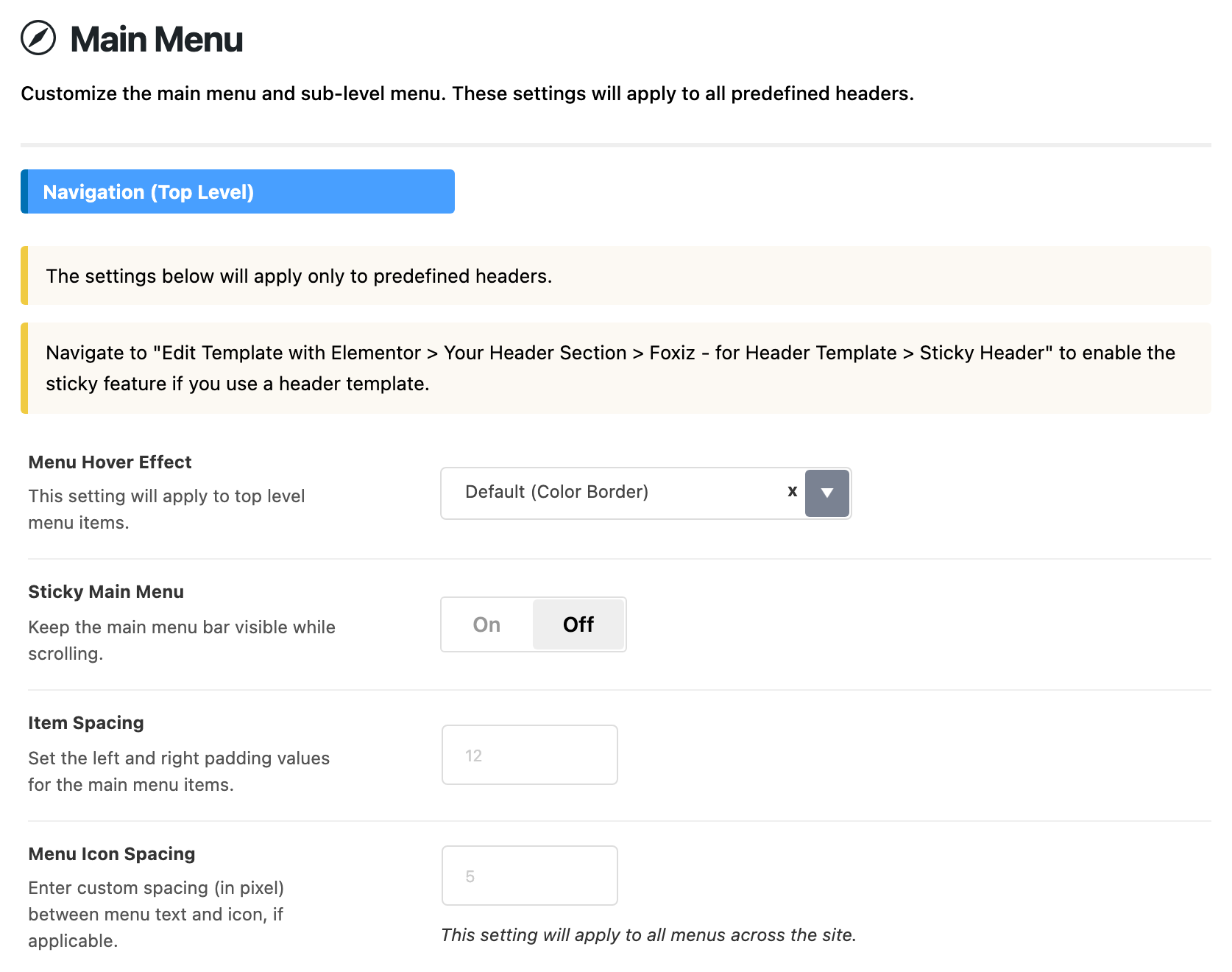 Theme Options > Header > Main Menu, Navigation (Top Level) group: two notes, Menu Hover Effect on Default (Color Border), Sticky Main Menu off, Item Spacing and Menu Icon Spacing blank