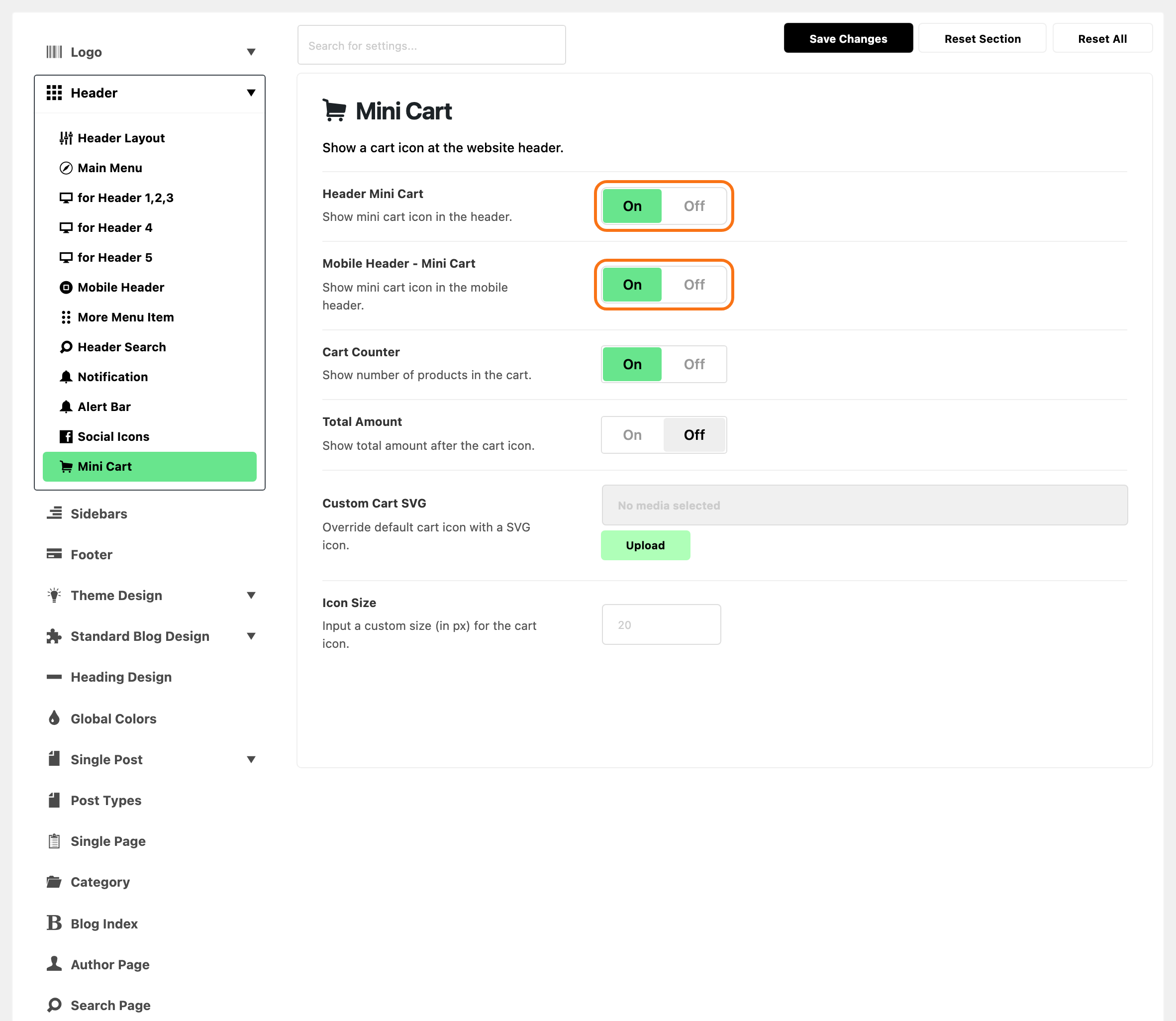 Theme Options with Header > Mini Cart highlighted, beside the Mini Cart panel on a site with WooCommerce active: Header Mini Cart on and Mobile Header - Mini Cart on, both outlined in orange, Cart Counter on, Total Amount off, Custom Cart SVG with no media selected and Icon Size blank