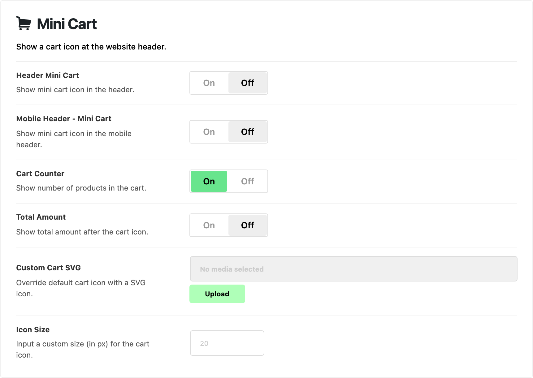 Theme Options > Header > Mini Cart with WooCommerce active: Header Mini Cart off, Mobile Header - Mini Cart off, Cart Counter on, Total Amount off, Custom Cart SVG with no media selected and Icon Size blank