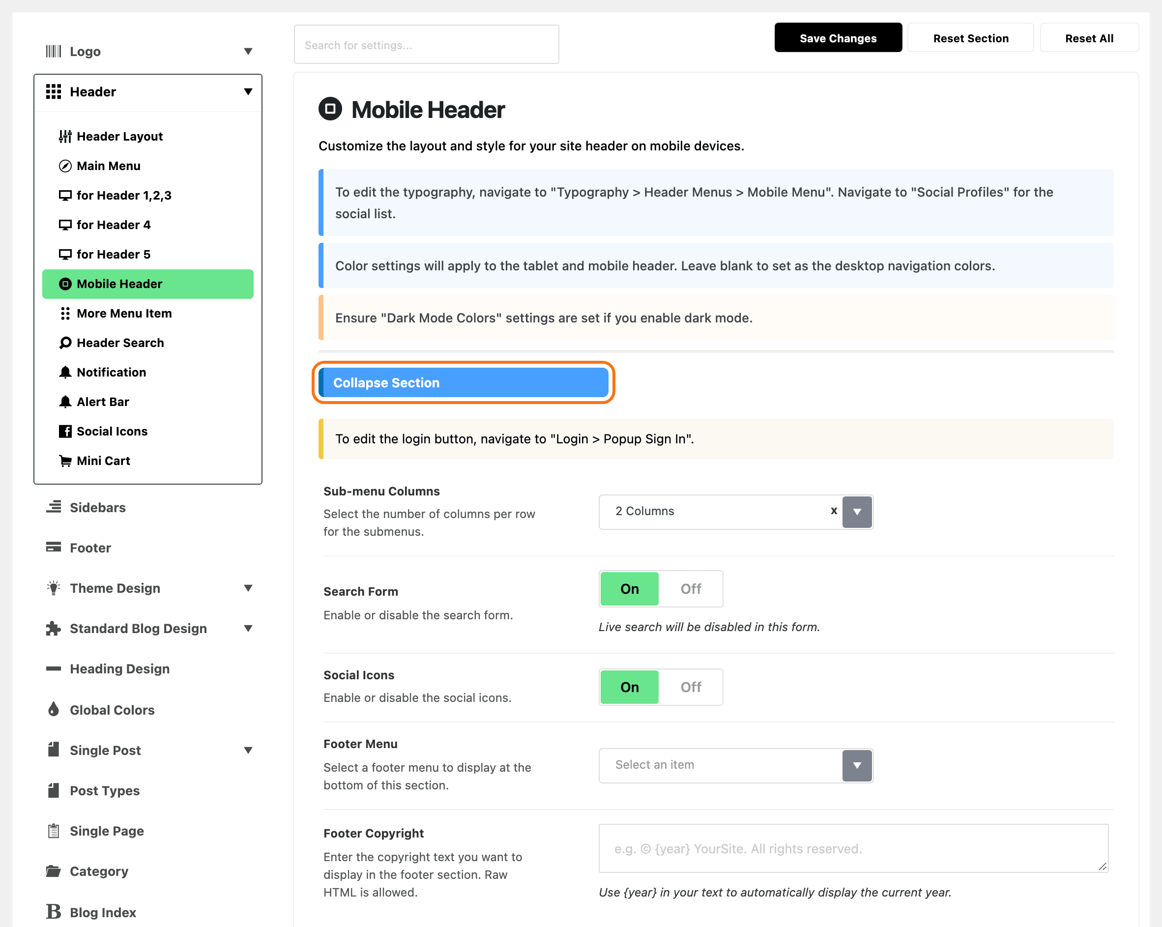 Theme Options with Header > Mobile Header highlighted in the section list, beside the Collapse Section group at its defaults, outlined in orange: the note To edit the login button, navigate to Login > Popup Sign In, Sub-menu Columns on 2 Columns, Search Form and Social Icons on, Footer Menu and Footer Copyright empty.