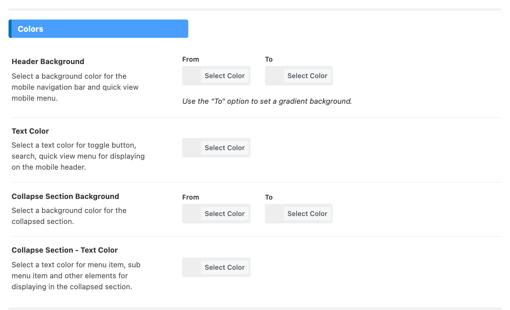 The Colors group of Theme Options > Header > Mobile Header, its four colour fields empty