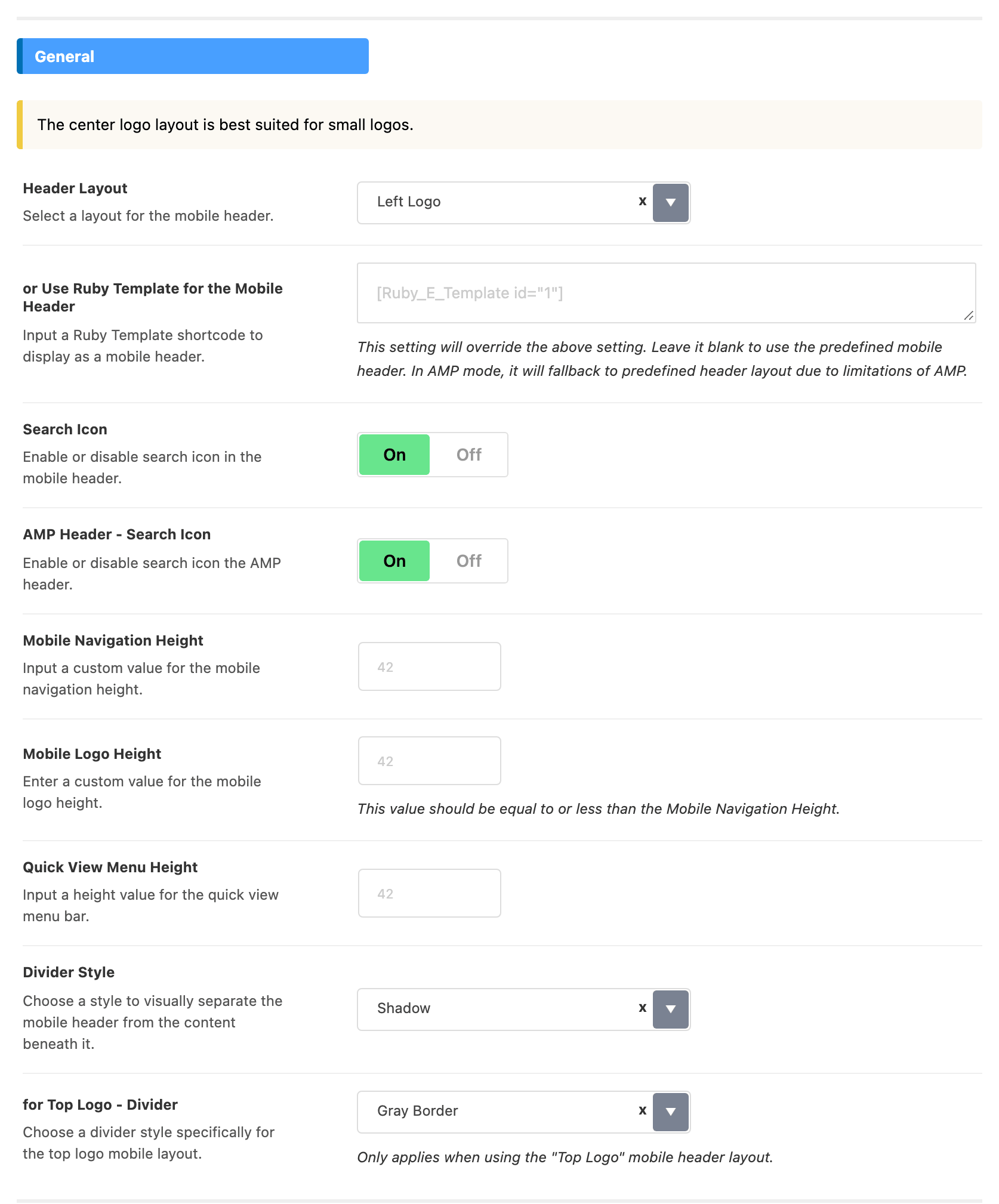 The General group of Theme Options > Header > Mobile Header: Header Layout on Left Logo, the Ruby Template box empty, Search Icon and AMP Header - Search Icon on, the three height fields empty, Divider Style on Shadow and for Top Logo - Divider on Gray Border