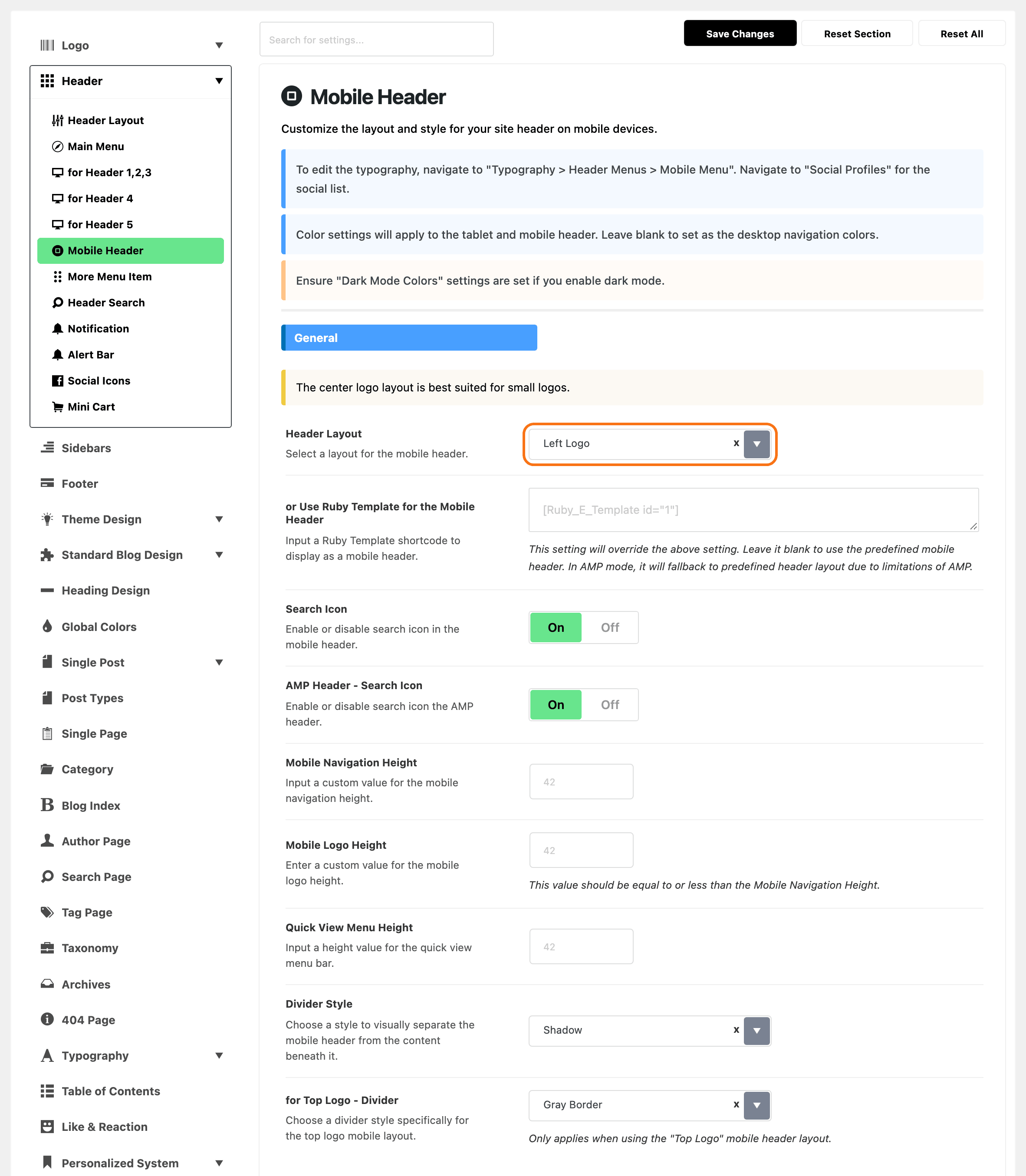 Theme Options with Header > Mobile Header highlighted in the section list, beside the General group: Header Layout on Left Logo, outlined in orange, then the mobile template field, Search Icon, the three heights and the two divider styles.