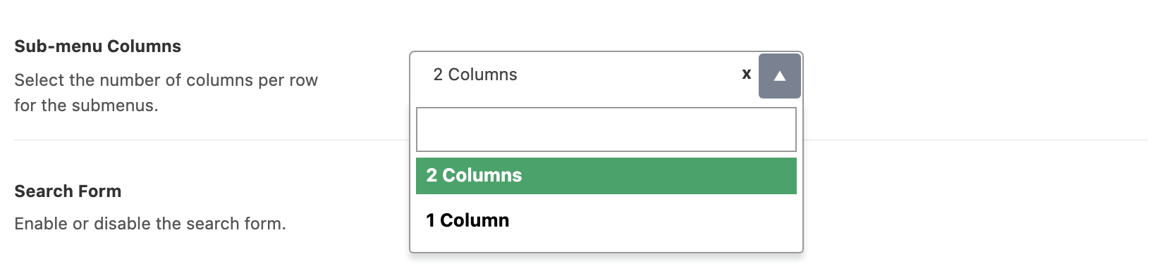 The Sub-menu Columns list open on its two values, 2 Columns and 1 Column