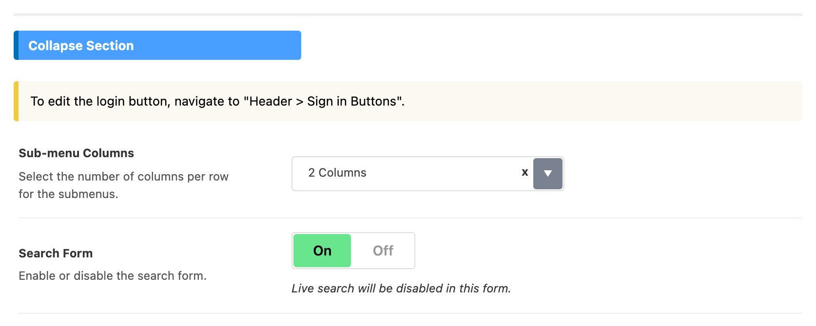 Sub-menu Columns at the top of the Collapse Section group of Theme Options > Header > Mobile Header