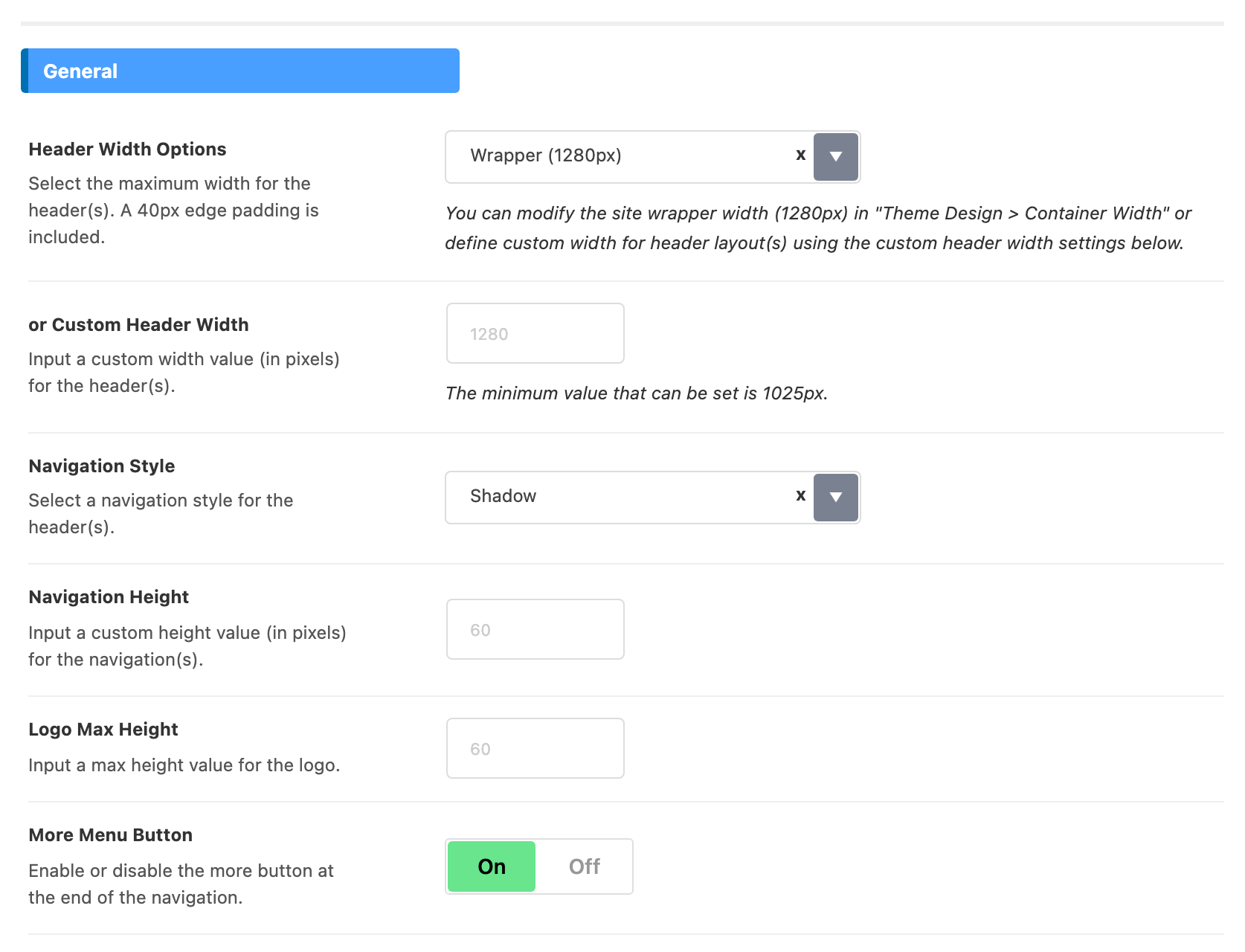 The General group of Theme Options > Header > for Header 1,2,3, with More Menu Button switched on at the bottom.