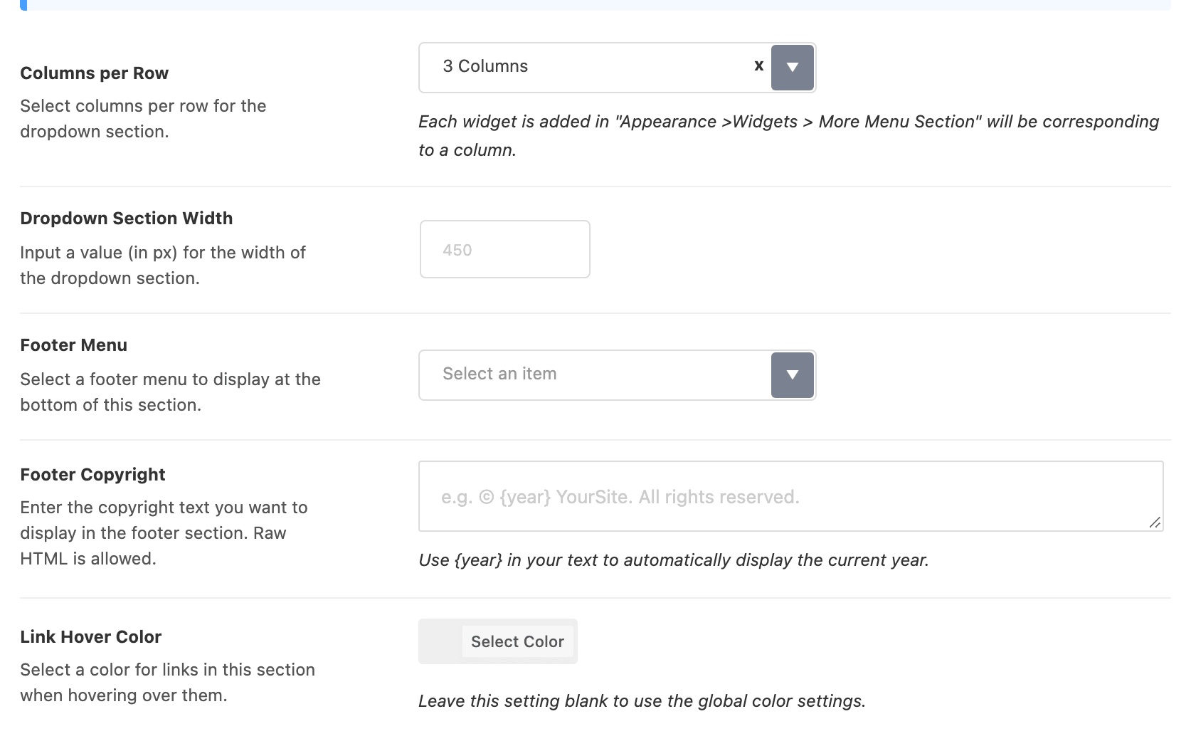 Theme Options > Header > More Menu Item, holding Columns per Row, Dropdown Section Width, Footer Menu, Footer Copyright and Link Hover Color