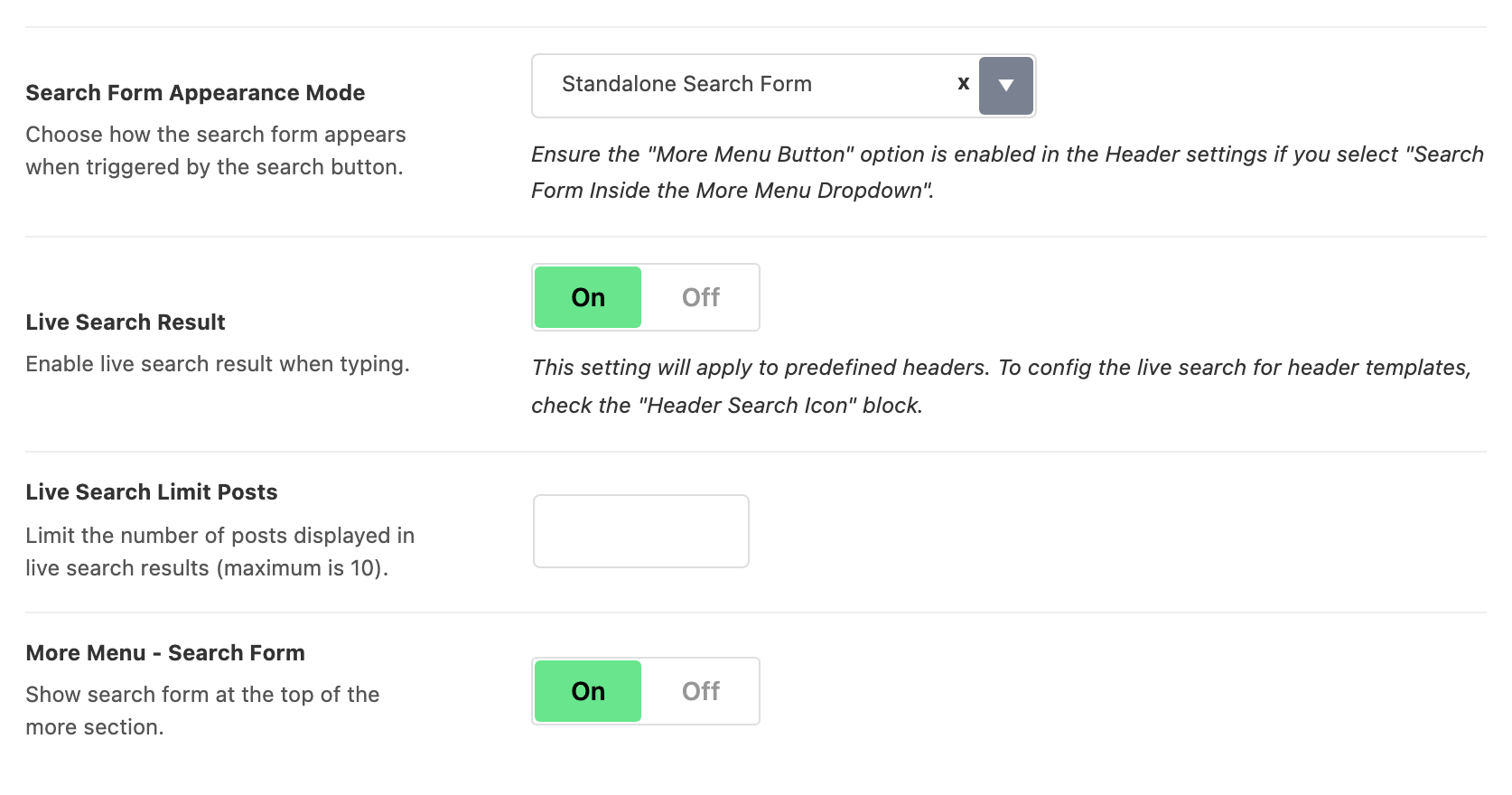 Theme Options > Header > Header Search, from Search Form Appearance Mode down to the More Menu - Search Form switch