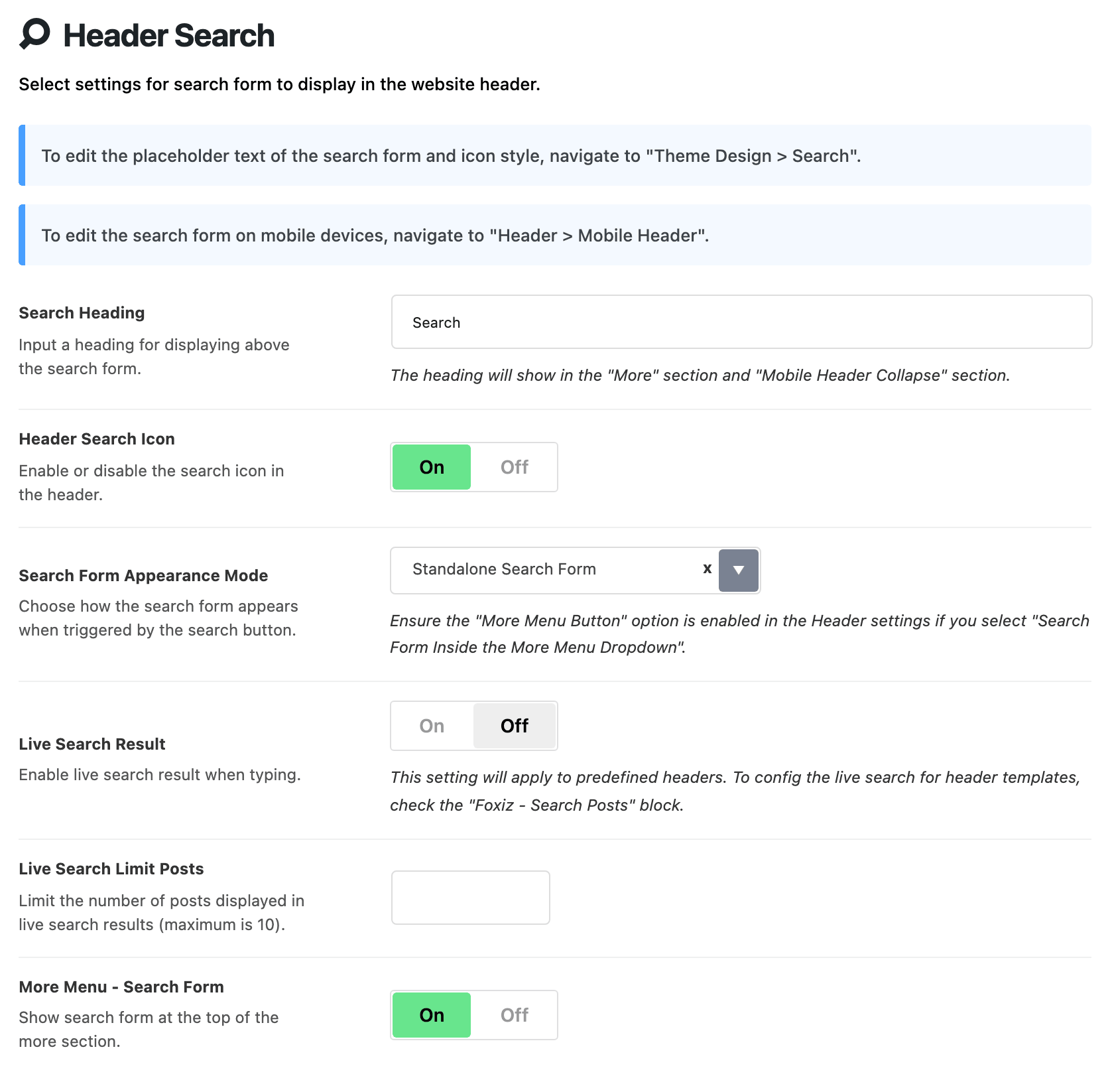 Theme Options > Header > Header Search: the two notices pointing to Theme Design > Search and Header > Mobile Header, then Search Heading set to Search, Header Search Icon on, Search Form Appearance Mode on Standalone Search Form, Live Search Result off, Live Search Limit Posts empty and More Menu - Search Form on