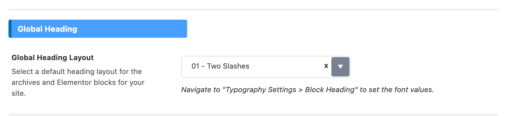 Theme Options > Heading Design, Global Heading group, with the Global Heading Layout picker