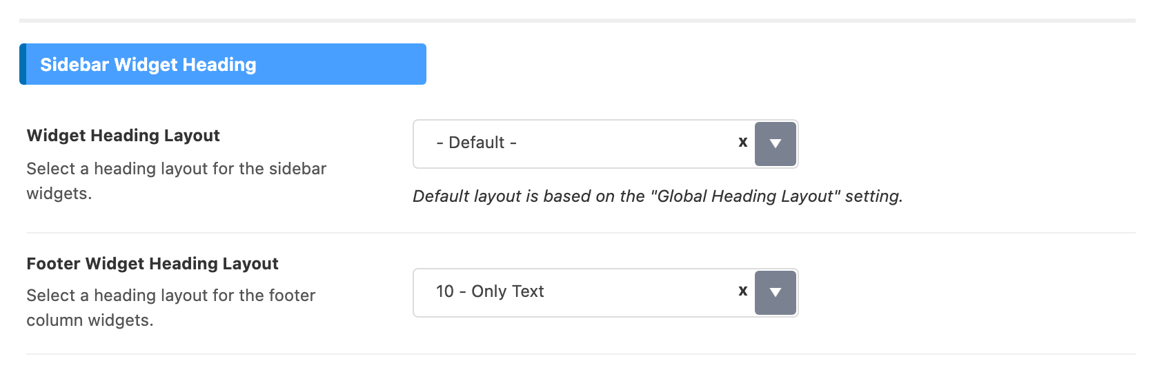 The Sidebar Widget Heading group of Heading Design, with Widget Heading Layout and Footer Widget Heading Layout