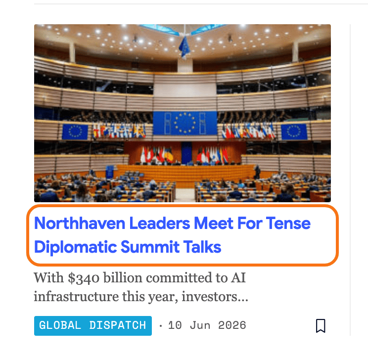 A post card on the Signal demo with the pointer over its headline, outlined in orange: under Style 2 (Global Color) the headline turns the site's global colour