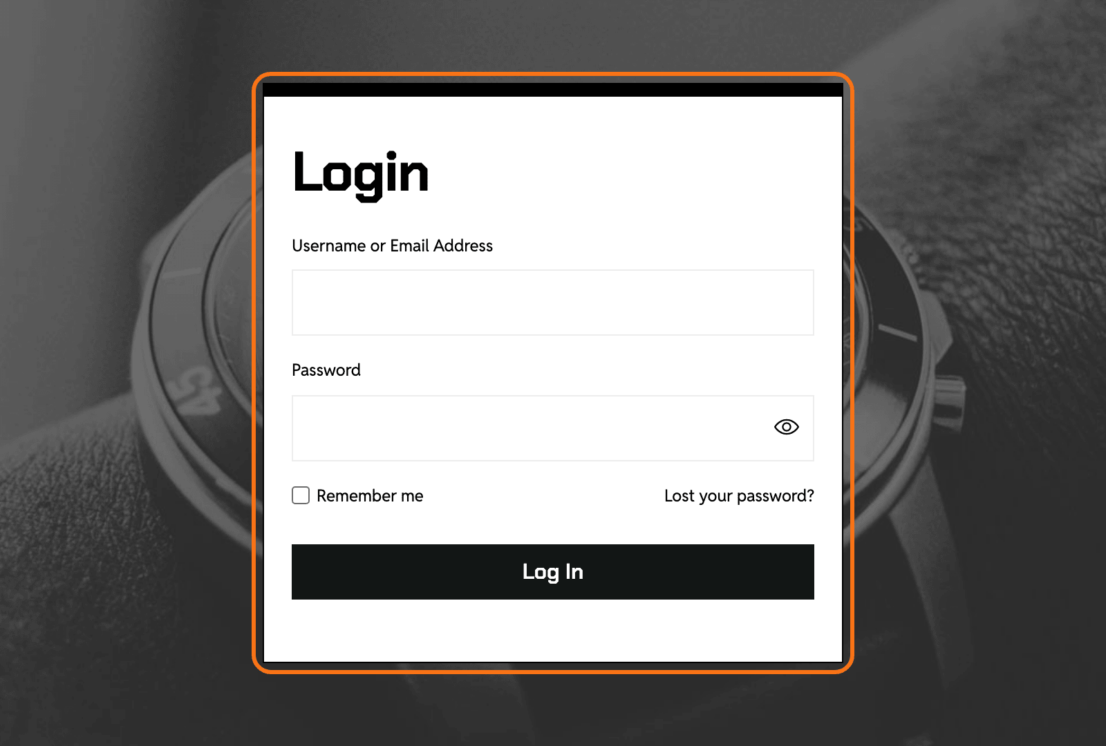 The login page of the Chronograph demo: the Foxiz - Login Form block in a white box, outlined in orange, with the Login heading, Username or Email Address and Password fields, Remember me, Lost your password? and the Log In button, over a dark photo of a watch