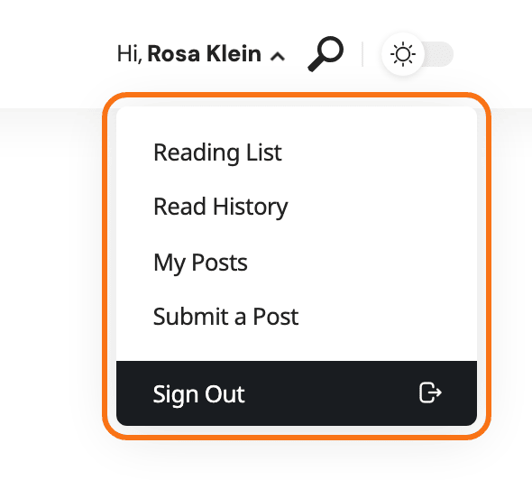 The header of a signed in reader on a demo site after a click on Hi, Rosa Klein: the dropdown open under it, outlined in orange, with the four links of an Account menu (Reading List, Read History, My Posts, Submit a Post) above the Sign Out bar
