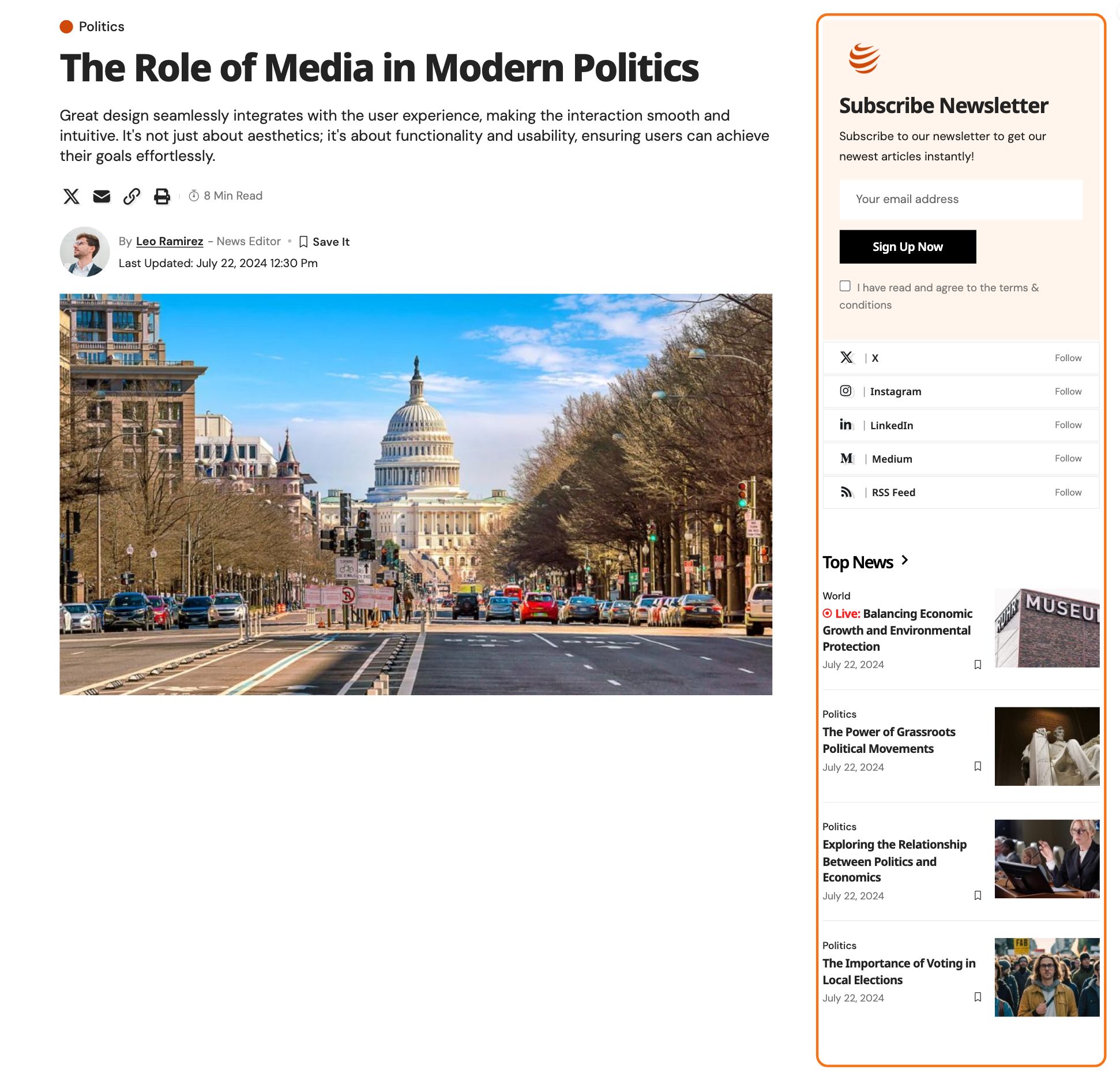 The sidebar of a PressPulse demo post, outlined in orange, drawn by a Ruby Template placed with the Foxiz - Ruby Template widget.
