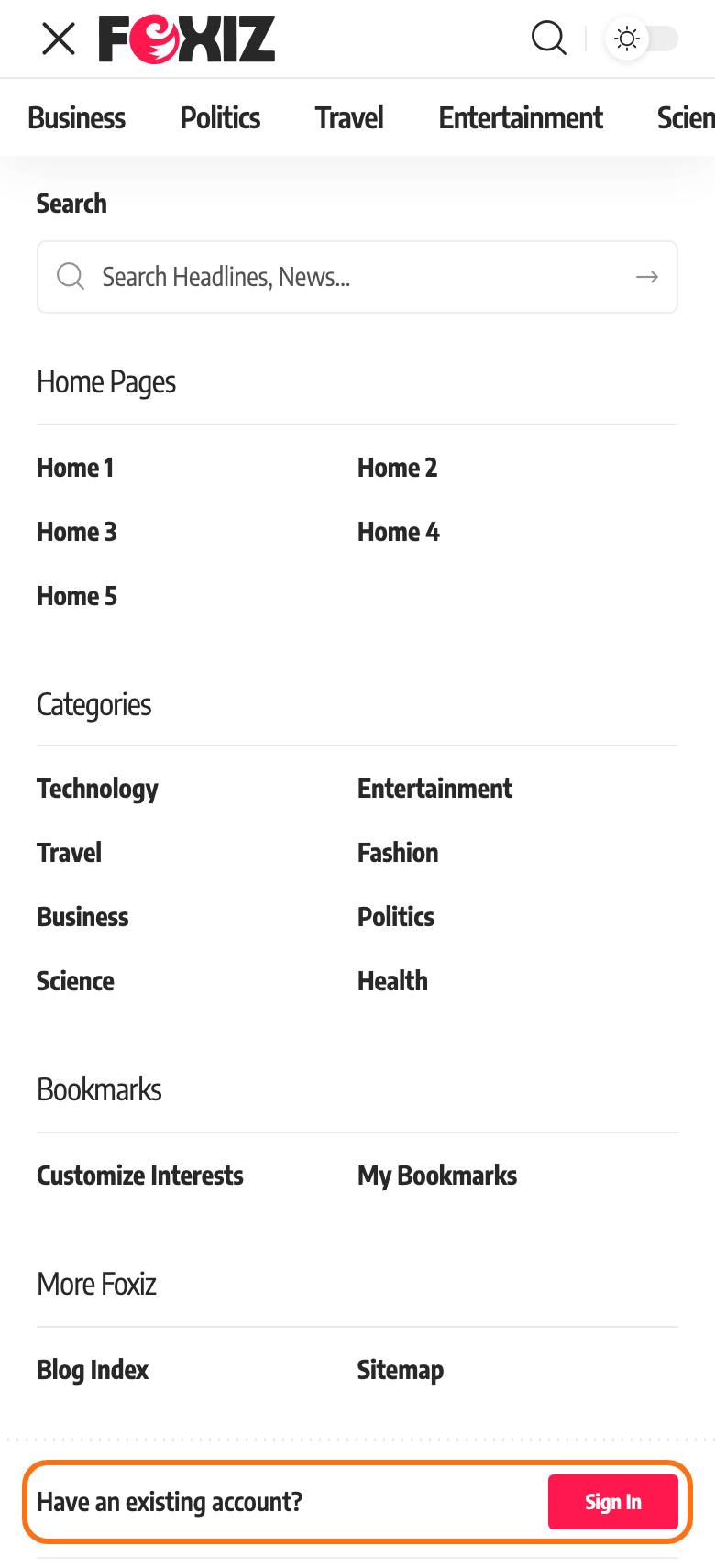 The Default demo on a phone with the menu open: the header with the close icon, the search box and the menu groups, and at the bottom the Have an existing account? line with the Sign In button, outlined in orange